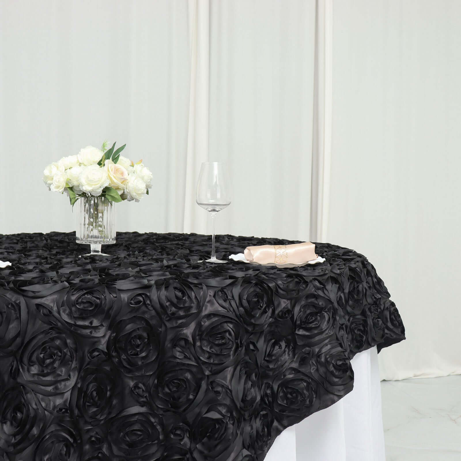 Satin 72"x72" Table Overlay Square Tablecloth Black - 3D Rosette Design for Stylish Occasions
