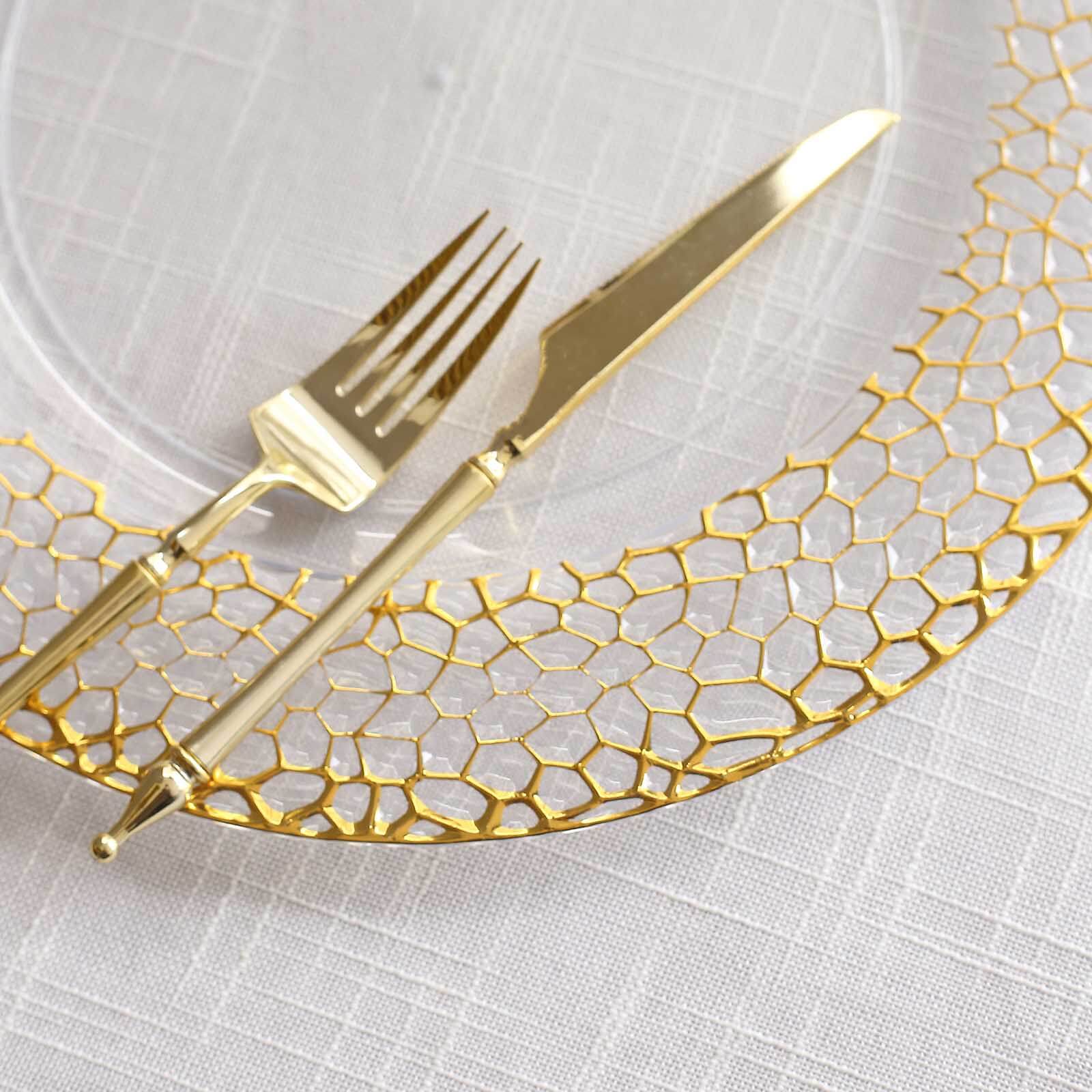 6-Pack Acrylic Round Charger Plates 13" in Clear with Gold Hammered Rim, Decorative Plastic Charger Tableware