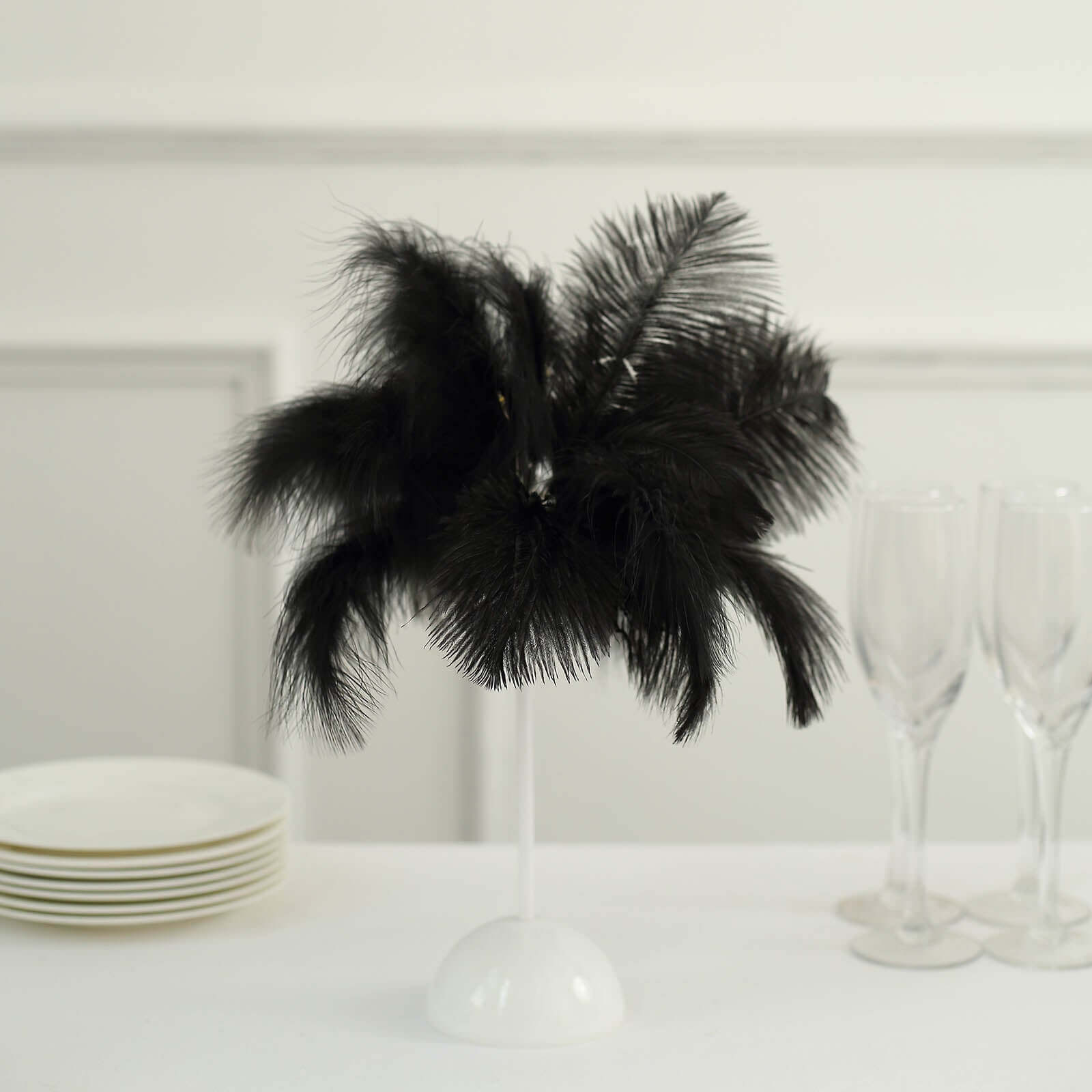 Table Lamp Ostrich Feather Design Black LED Battery Operated - Cordless Wedding Centerpiece 15"