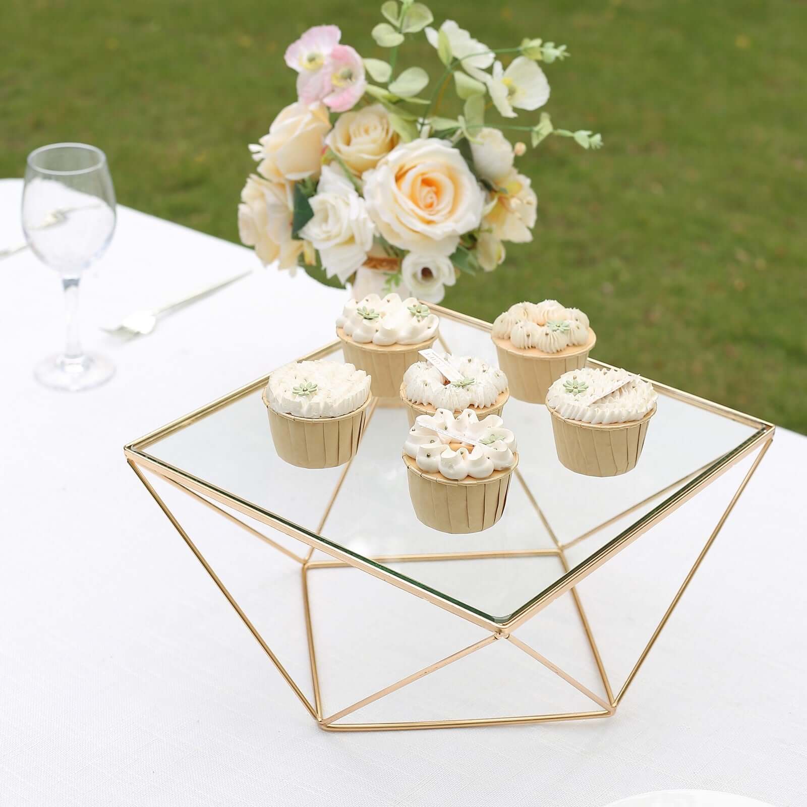 Metal Cake Stand Geometric Pedestal Riser Design Gold with Square Glass Top - Display Centerpiece 12"