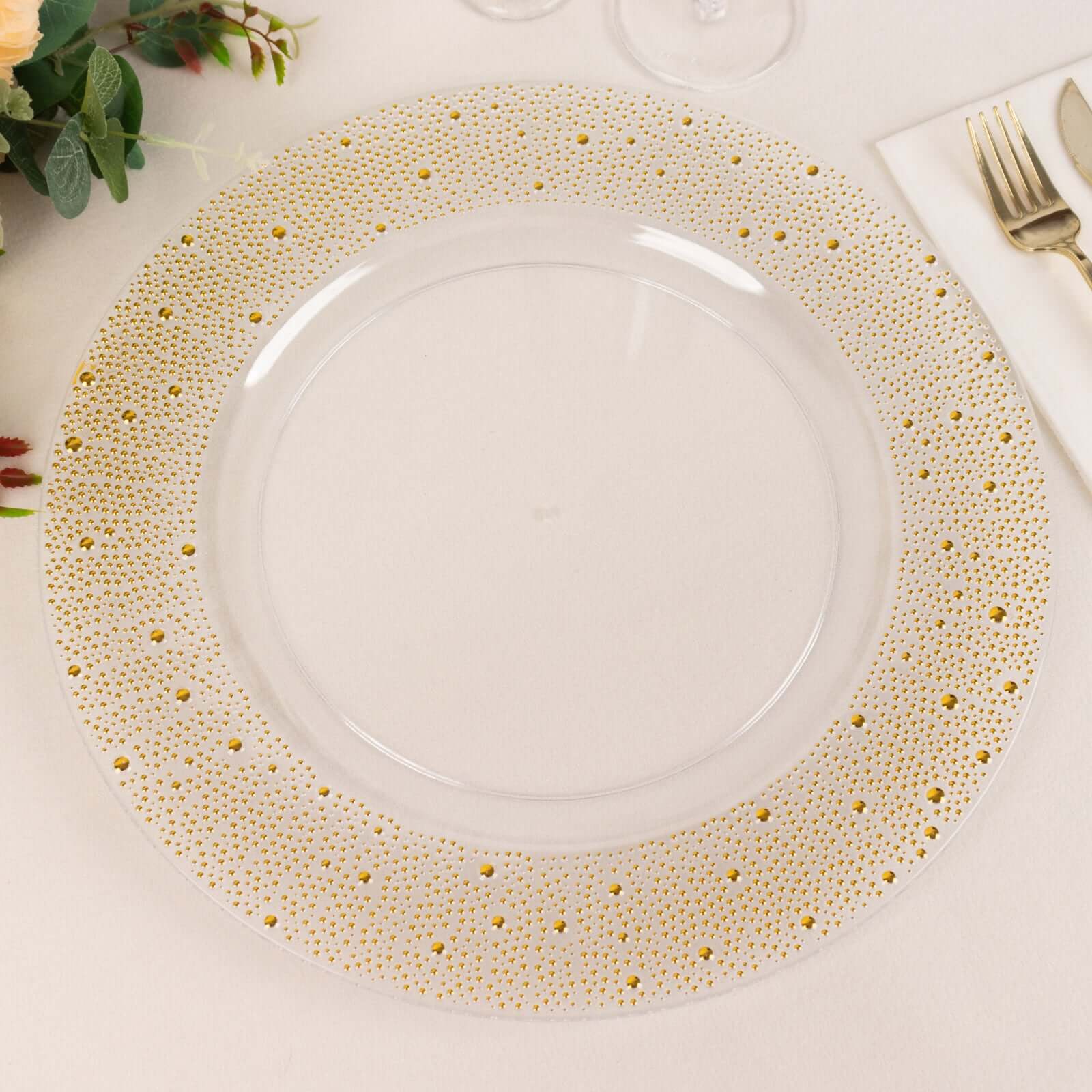 6-Pack Plastic Round Charger Plates 13" in Clear with Gold Pearl Beaded Rim, Upscale Dinner Serving Plates