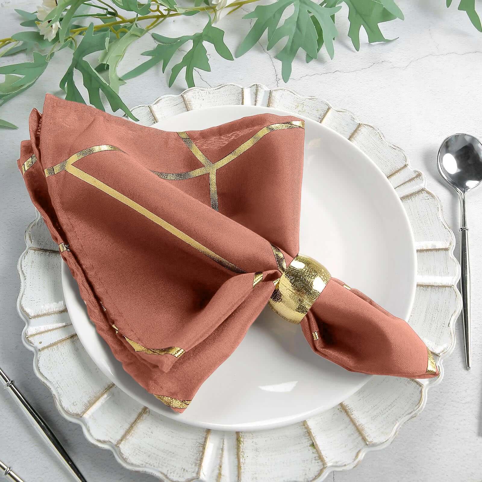 5 Pack Polyester 20"x20" Napkins Terracotta (Rust) with Gold Geometric Foil Pattern - Modern Reusable Dinner Napkins