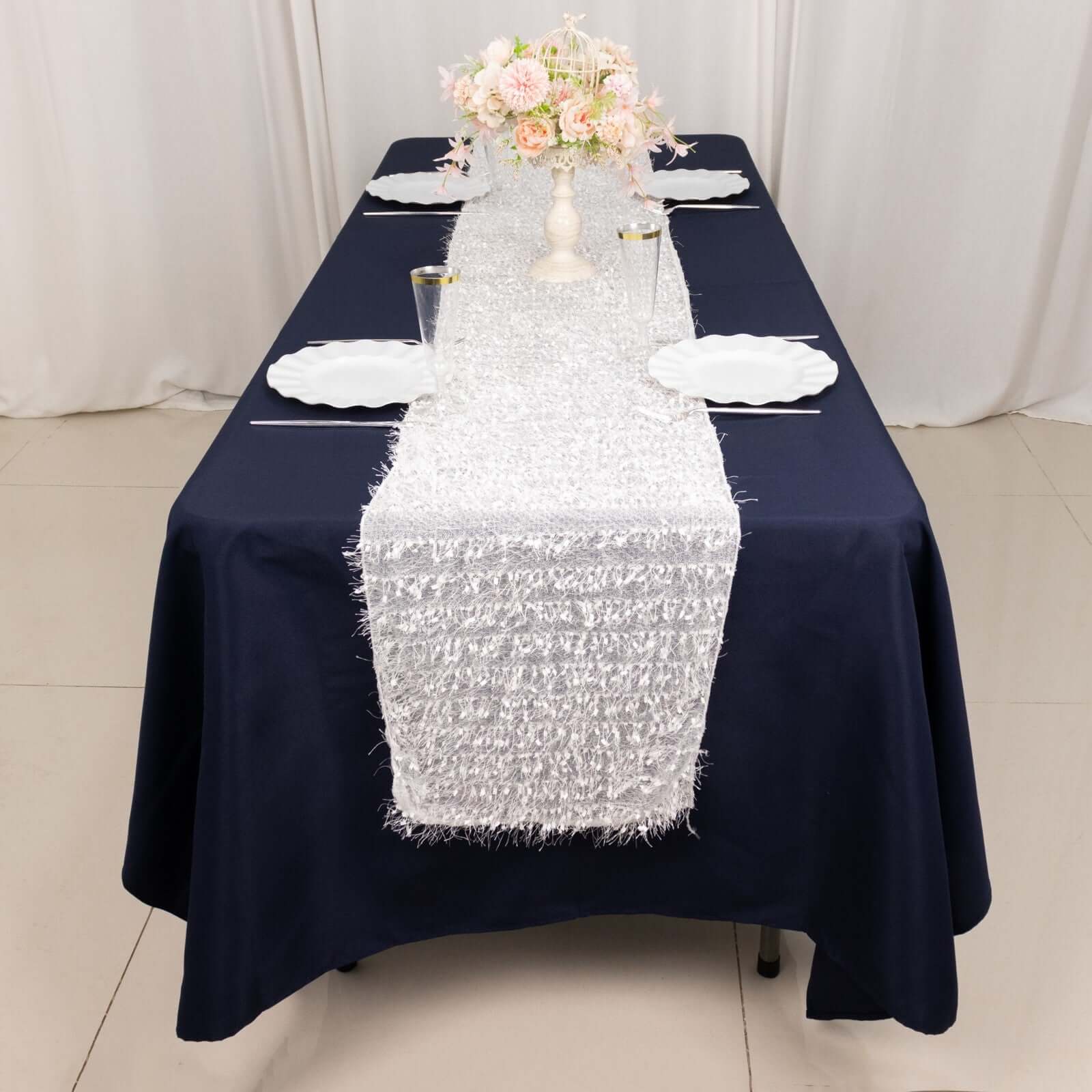 Polyester 12"x108" Table Runner White - Fringe Shag Table Decor