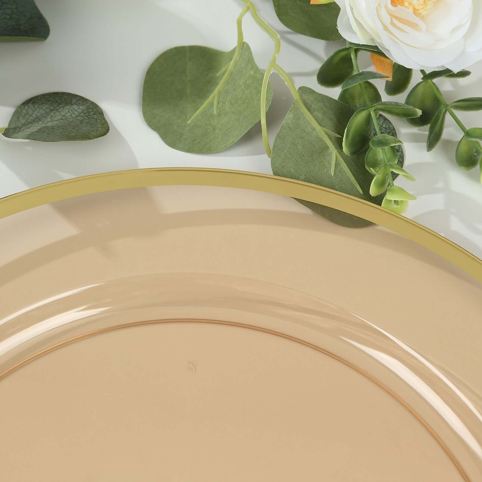 10-Pack Economy Plastic Round Charger Plates 12" in Transparent Amber Gold with Wide Gold Rim, Decorative Dinner Party Serving Plates