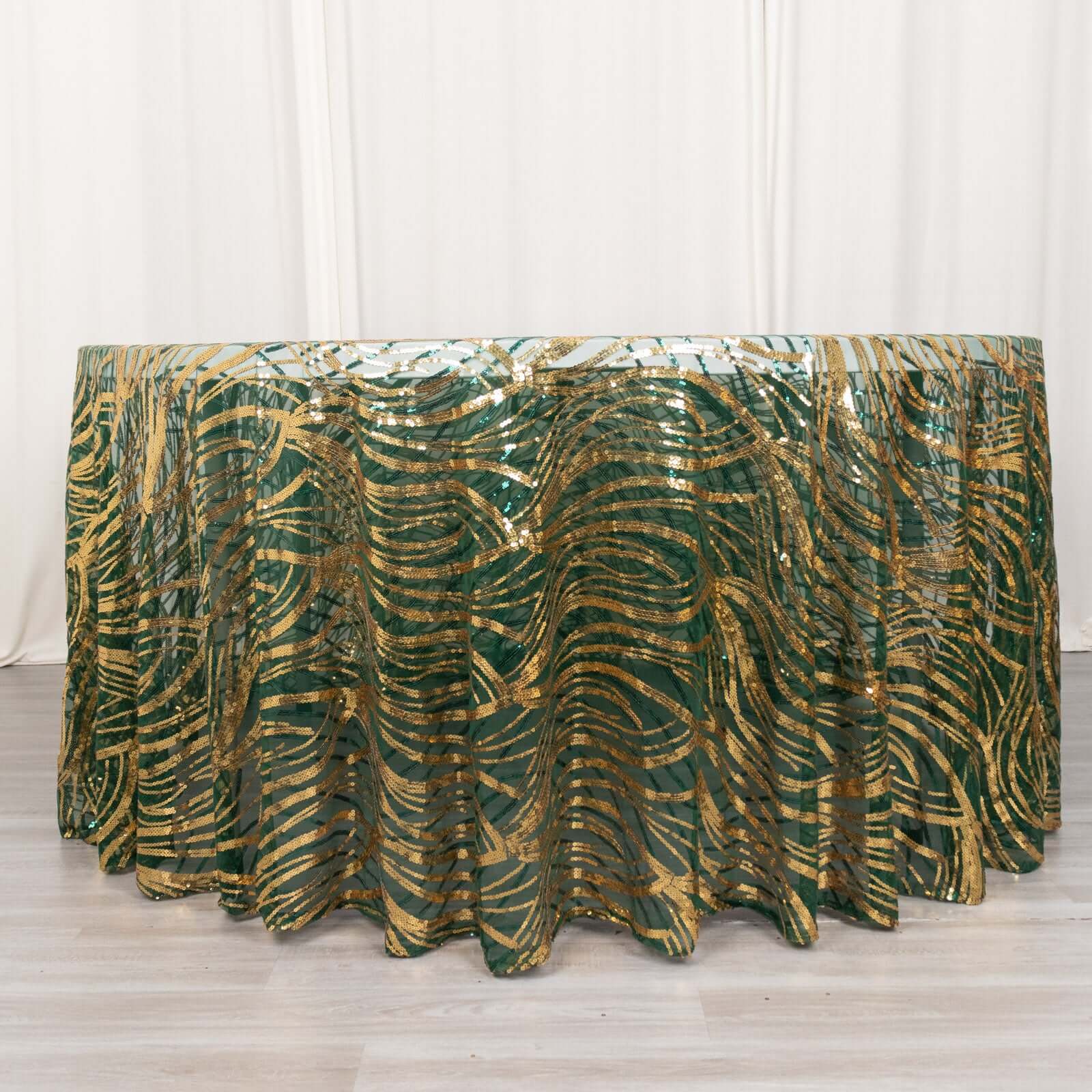 Sequin Mesh 120" Round Tablecloth Hunter Emerald Green/Gold - Seamless Wave Embroidered Table Cover