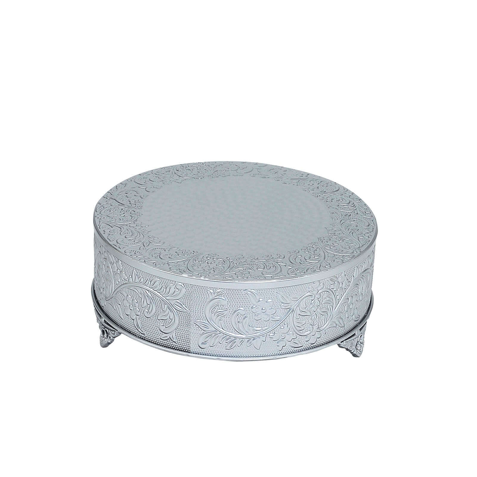 Metal 14" Round Cake Pedestal Stand Matte Silver - Cupcake Dessert Display Riser with Intricate Embossed Design for Upscale Events & Gatherings