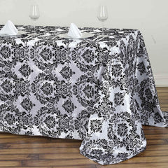 Taffeta 90"x132" Rectangle Tablecloth Black - Seamless Velvet Flocking Damask Design for Upscale Events