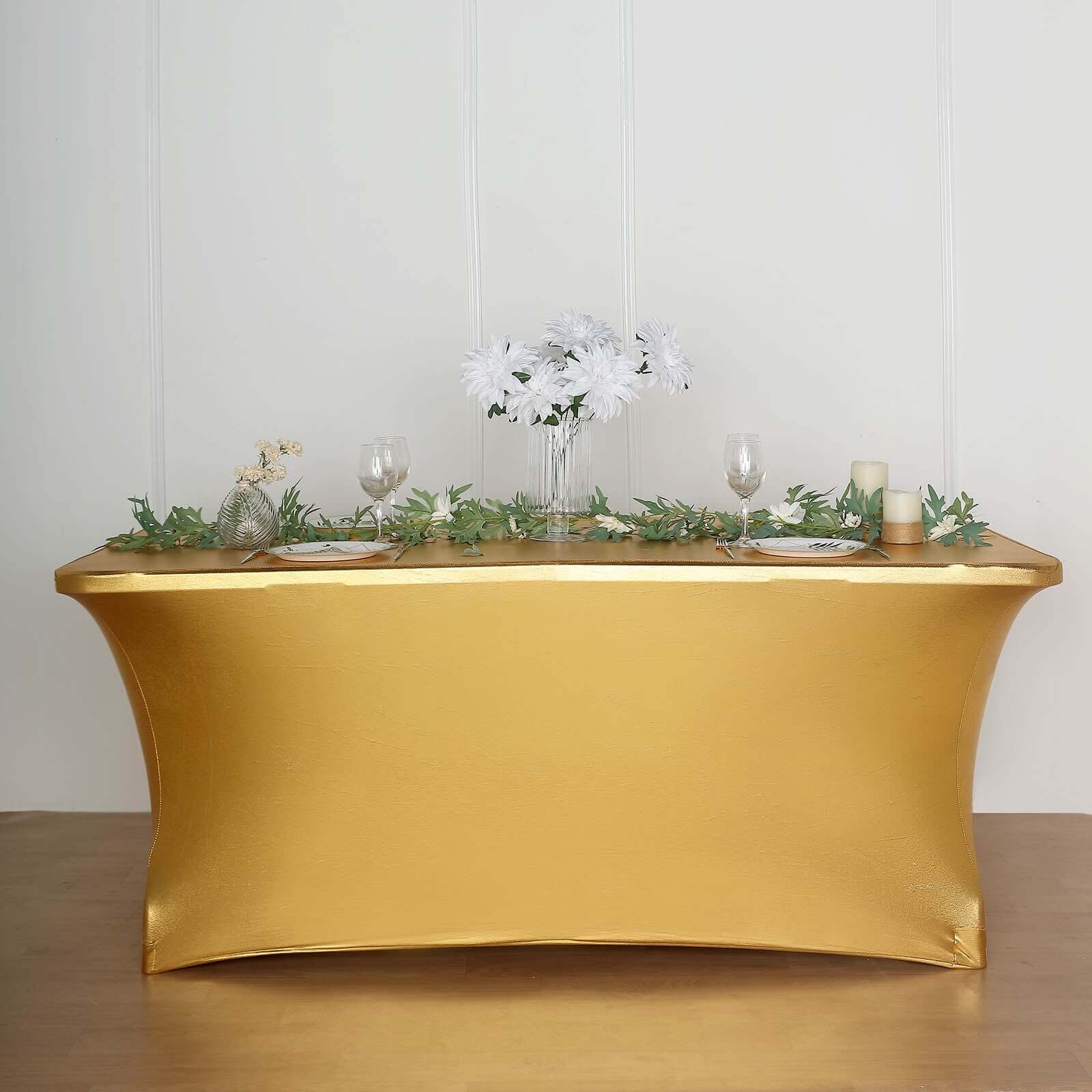 Stretch Spandex 72"x30" Rectangle Tablecloth Metallic Gold - Glamorous Form-Fitting Table Cover for Upscale Gatherings