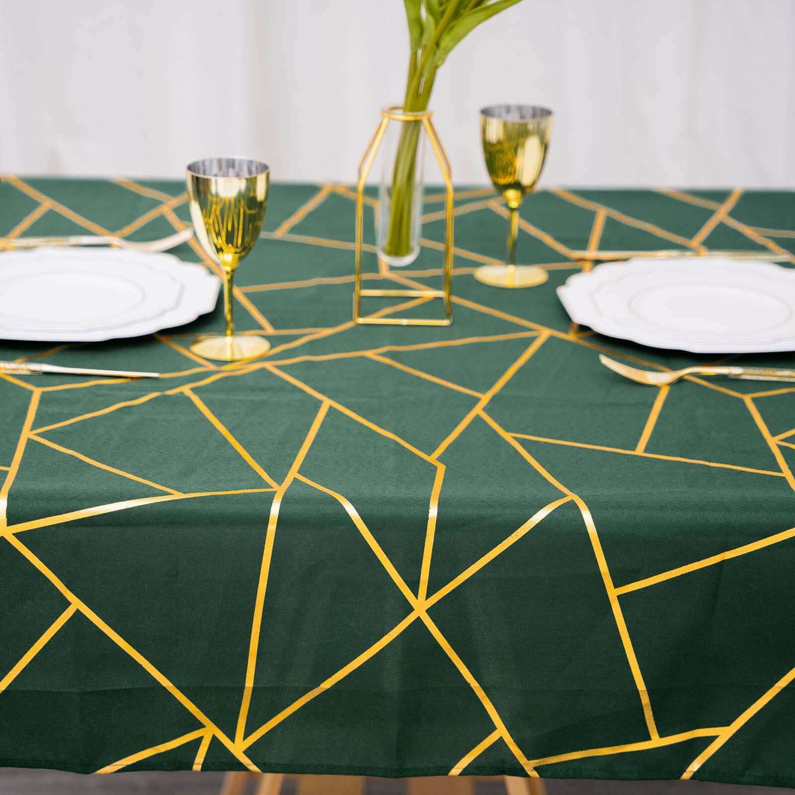 Polyester 54"x54" Square Tablecloth Hunter Emerald Green with Gold Foil Geometric Pattern - Wrinkle-Resistant & Durable Table Cover