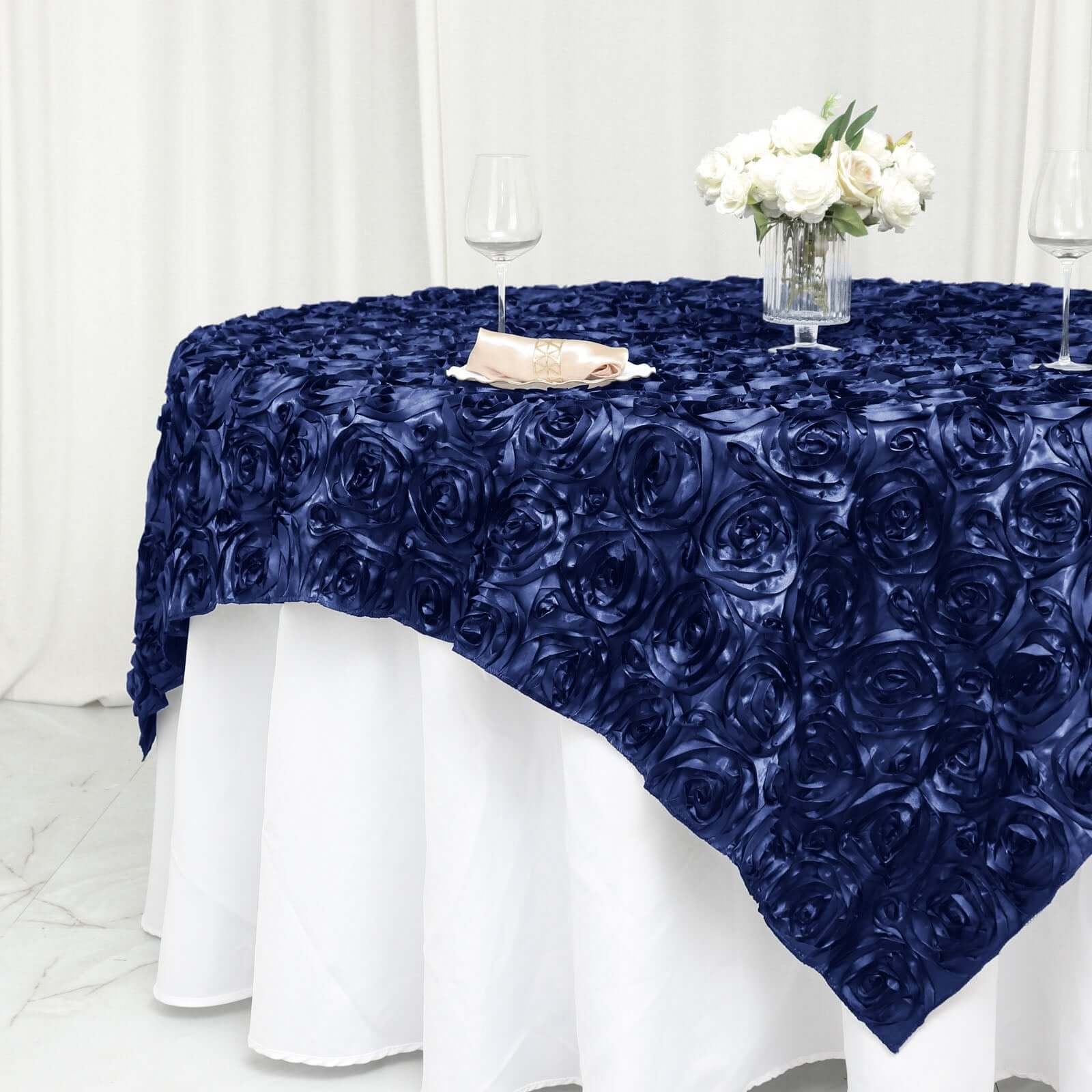 Satin 72"x72" Table Overlay Square Tablecloth Navy Blue - 3D Rosette Table Cover