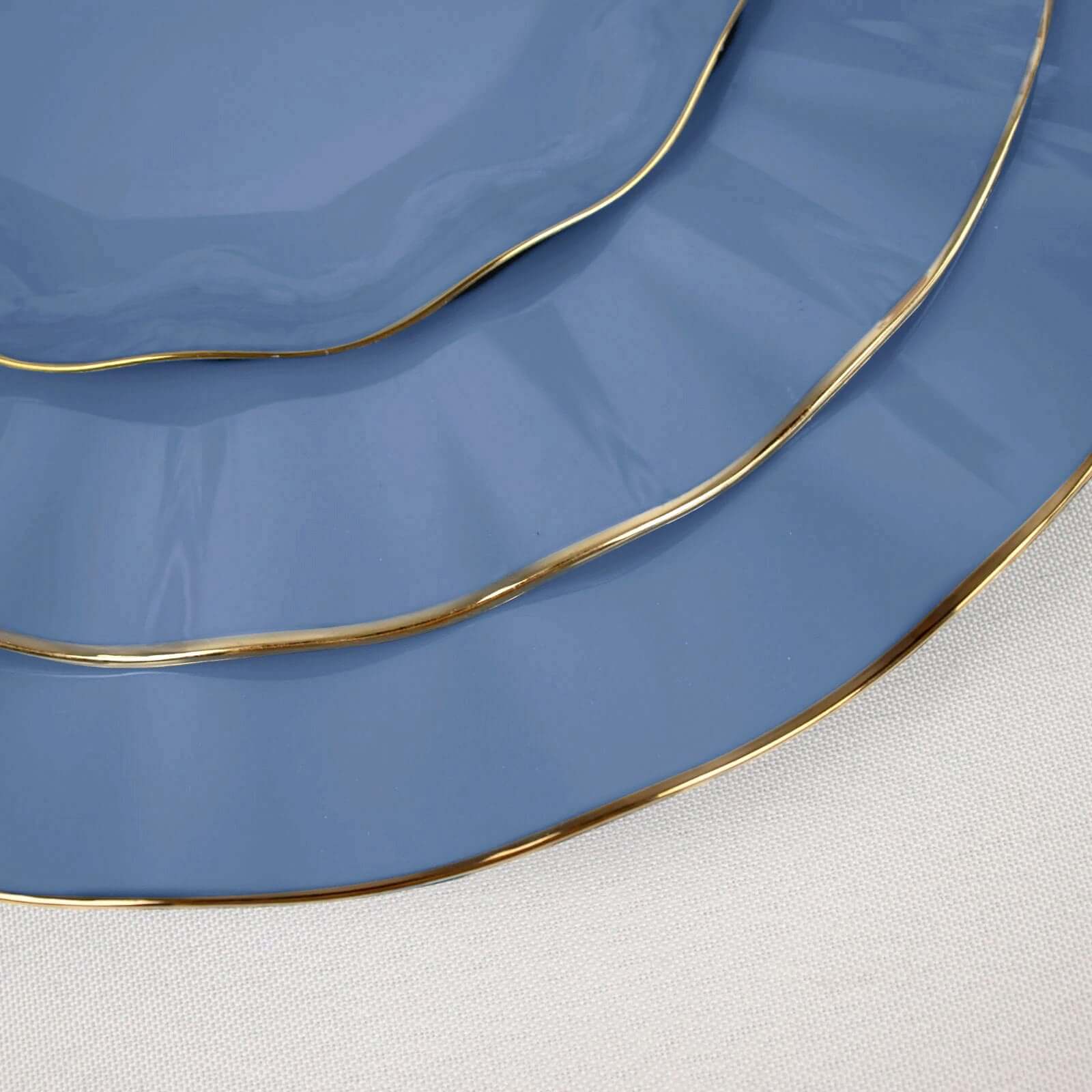 10-Pack Plastic Round 6" Dessert Plates in Ocean Blue Ruffled Rim with Gold Edging - Sturdy Disposable Salad Appetizer Dinnerware