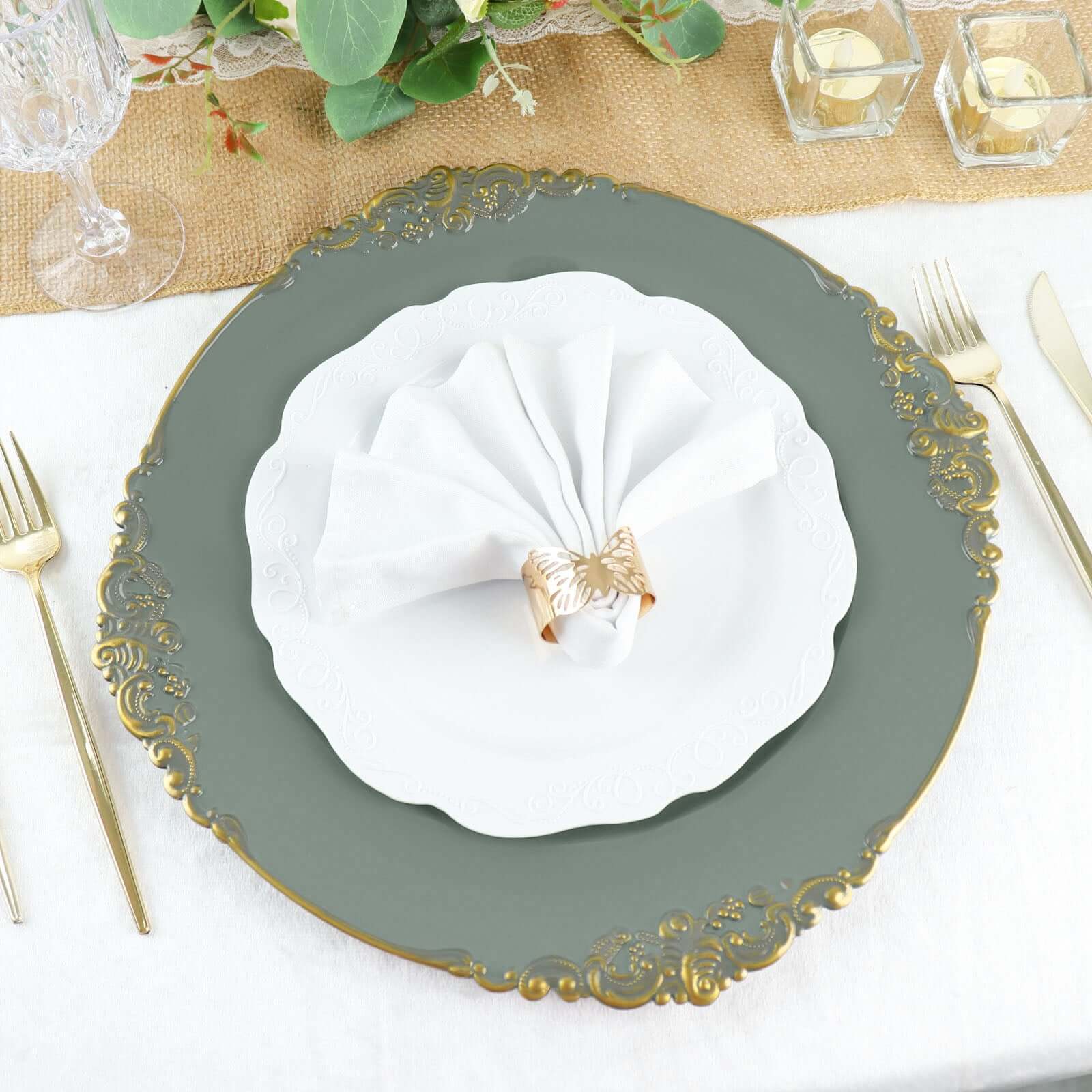 6-Pack Acrylic Round Charger Plates 13" in Olive Green with Gold Embossed Baroque Rim, Antique Decorative Dinner Party Charger Tableware
