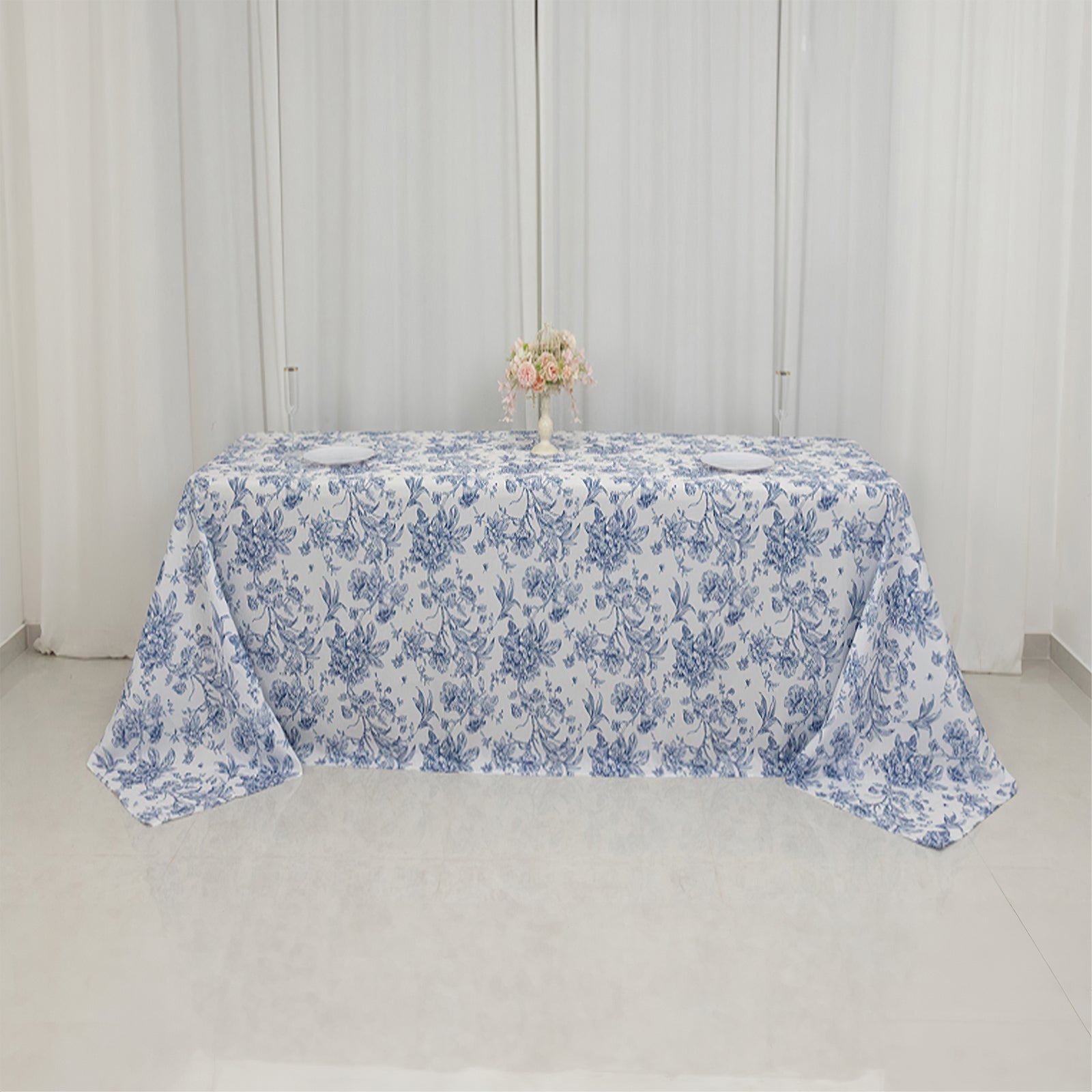 Polyester 90"x132" Rectangle Tablecloth White - Seamless Blue French Toile Pattern for Upscale Events