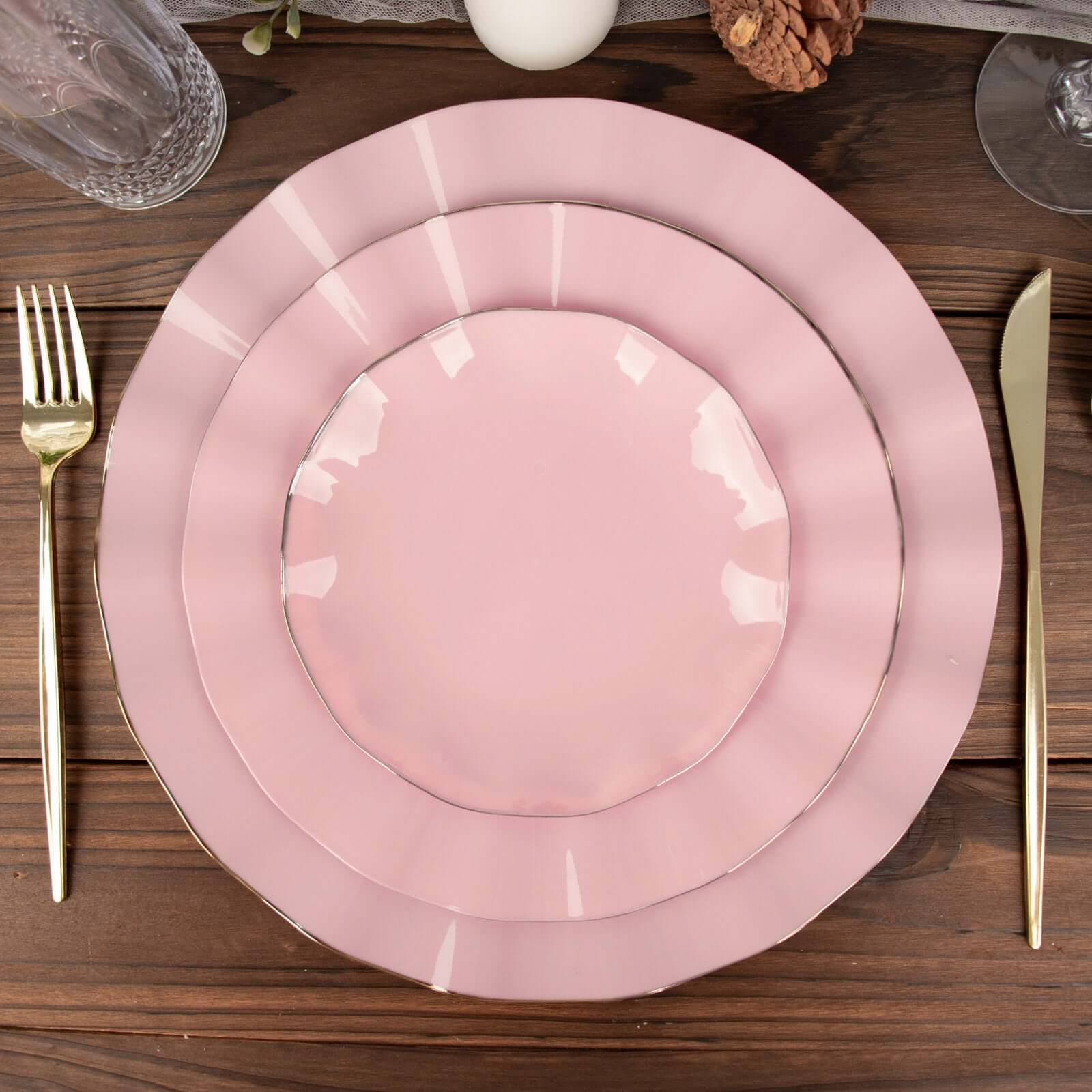 10-Pack Plastic 9" Round Dinner Plates in Dusty Rose Ruffled Rim with Gold Edging - Sturdy Disposable Dinnerware