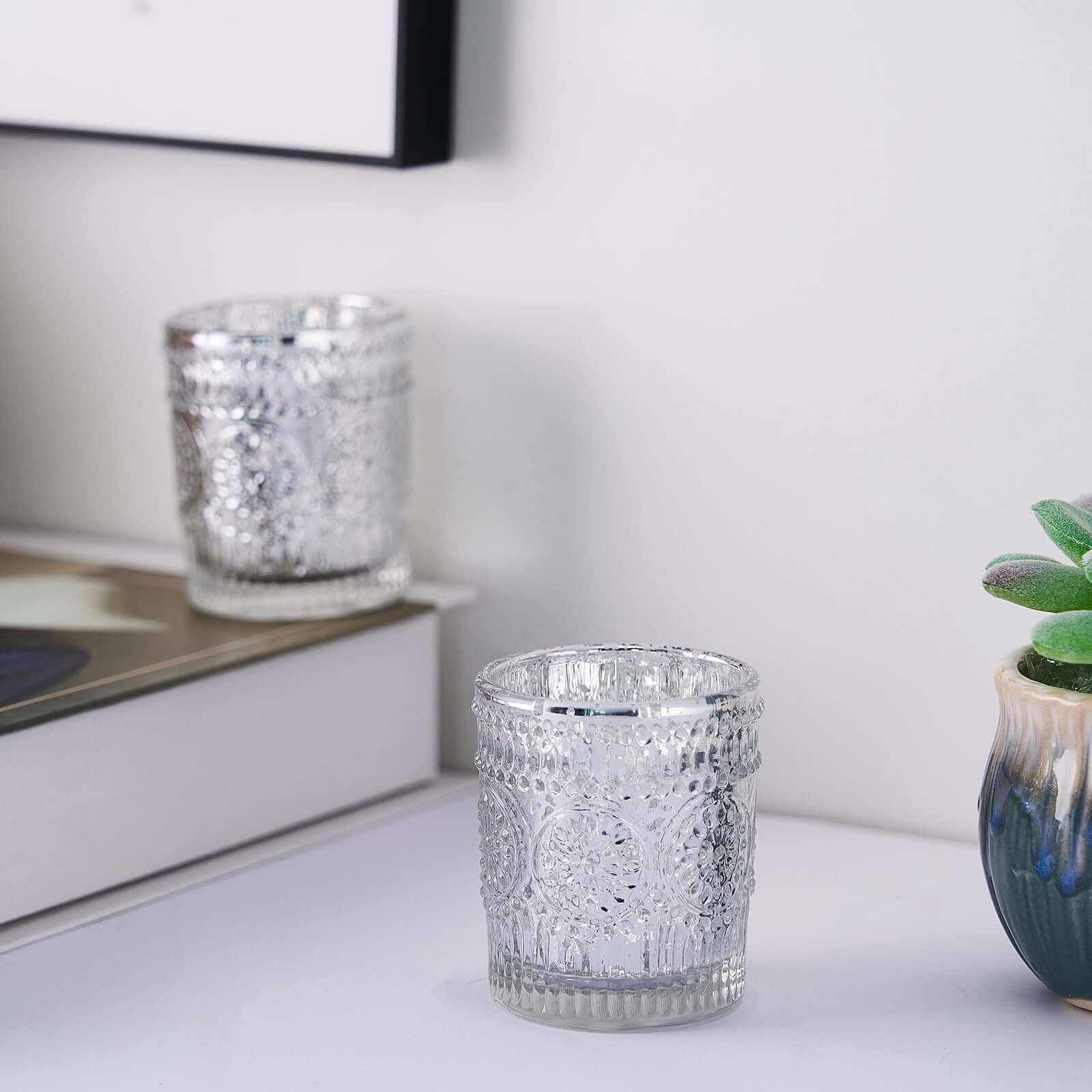 6-Pack Silver Glass Votive Tealight Holders - Stylish Primrose Design for Weddings & Décor