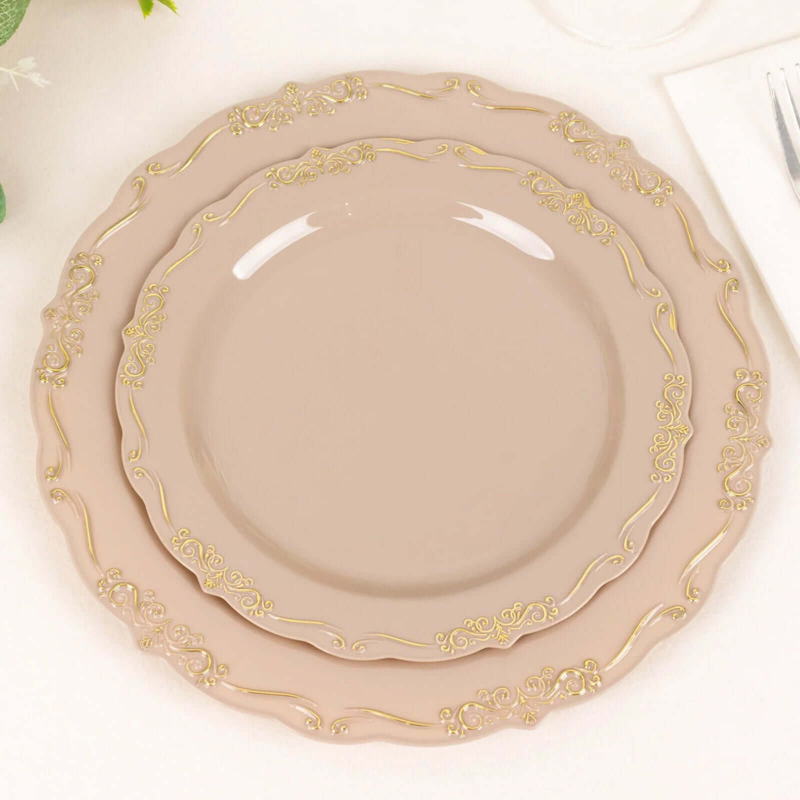 10-Pack Plastic 7" Round Dessert Plates in Taupe with Gold Vintage Embossed Rim - Sturdy Disposable Scalloped Edge Salad Plates