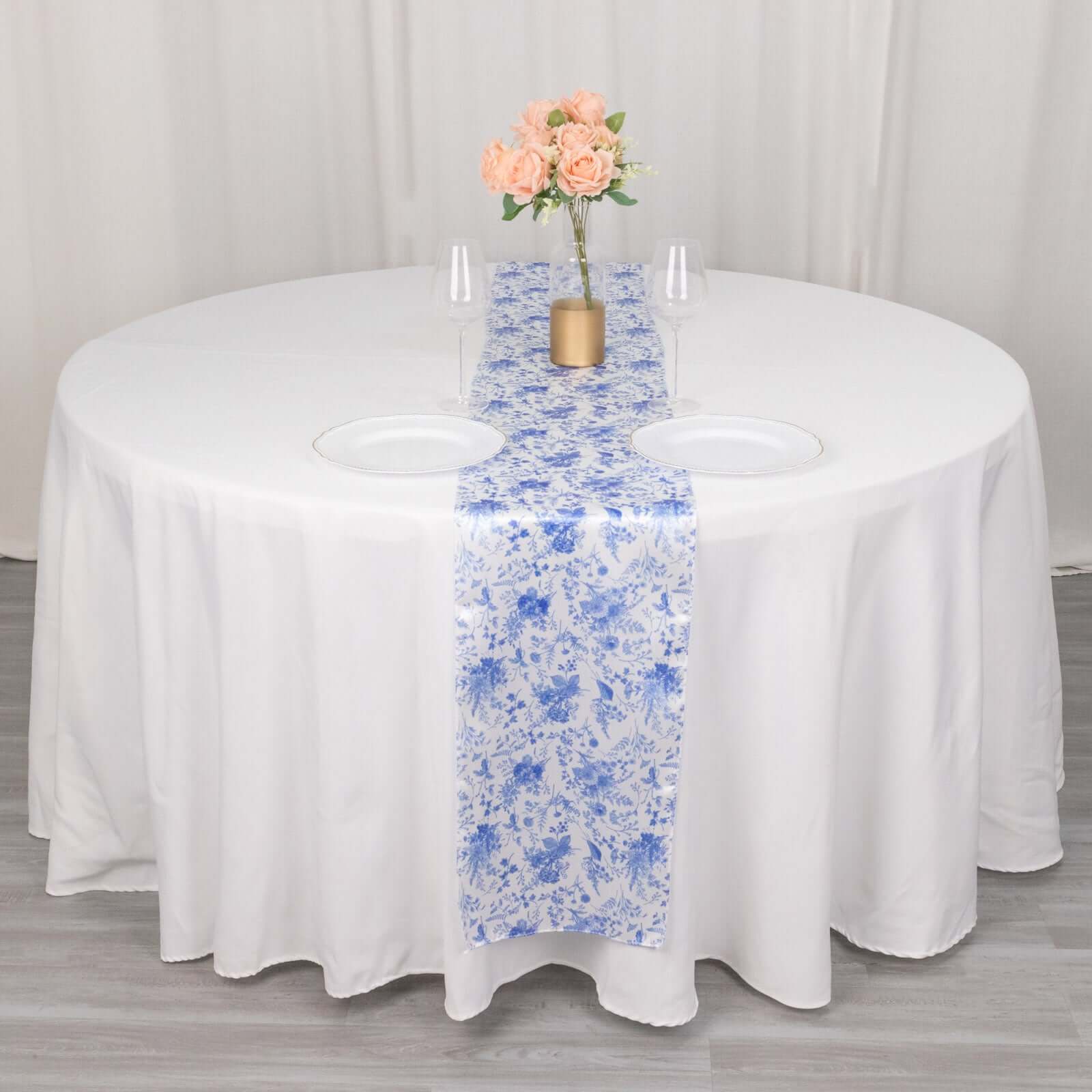 Satin 12"x108" Table Runner White with Blue French Toile Floral Pattern - Refined Style for Upscale Events
