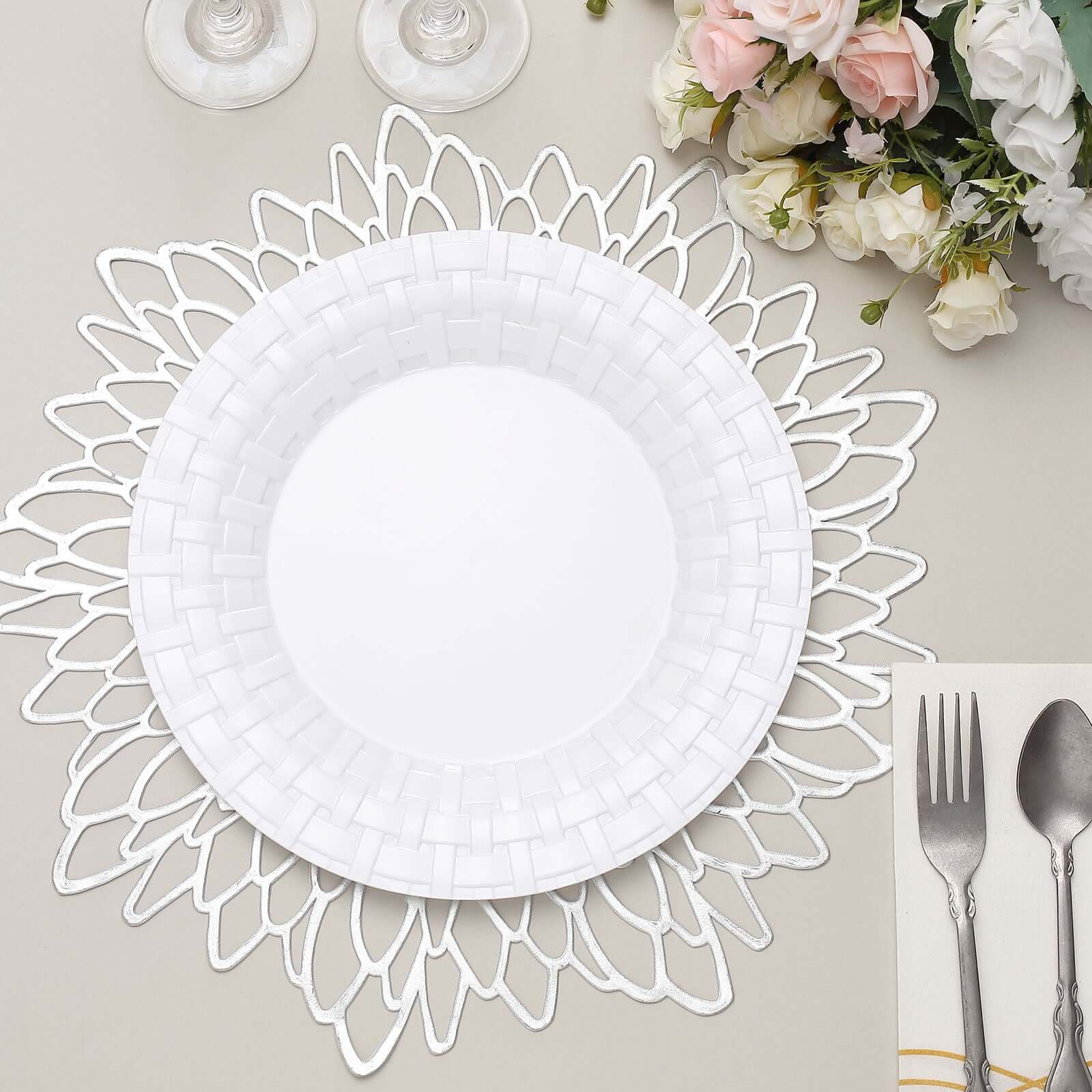 10-Pack Plastic Dinner Plates White Basketweave Rim - Durable Disposable Dinner Plates 10"