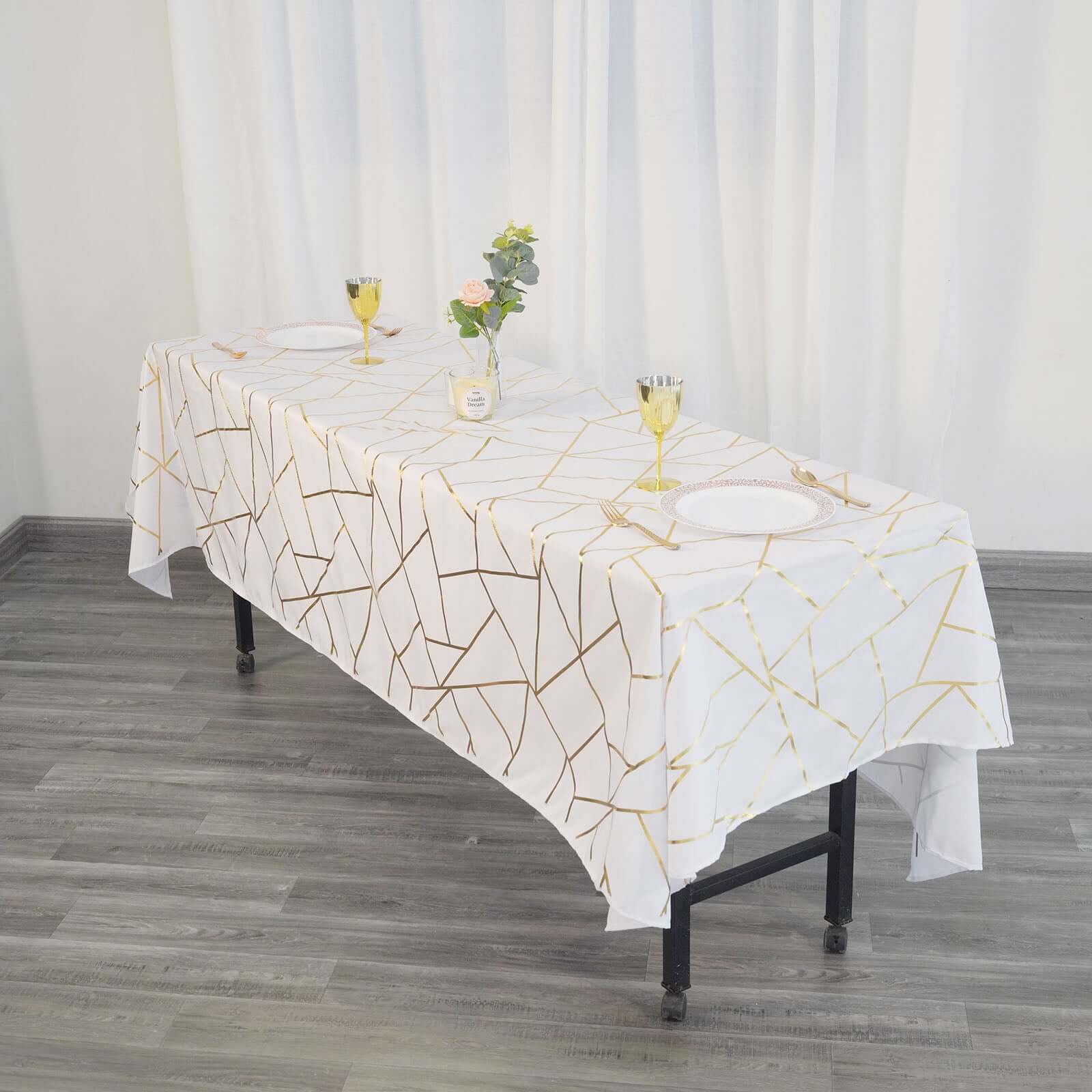 Polyester 60"x102" Rectangle Tablecloth White with Gold Foil Geometric Pattern - Wrinkle-Resistant and Durable Table Cover for Weddings & Events