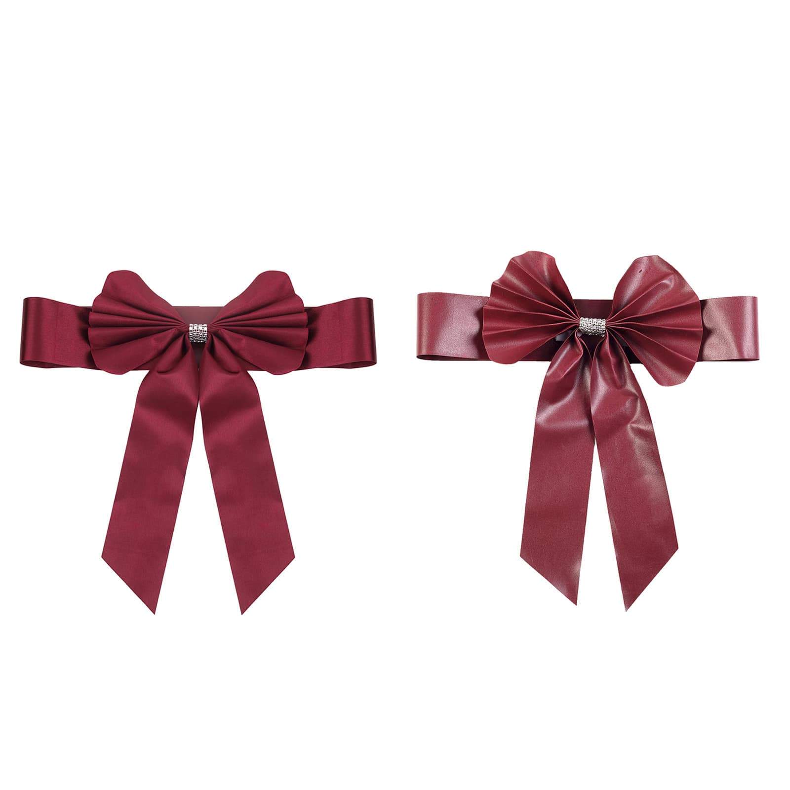 5 Pack Satin Faux Leather Chair Sashes Burgundy - Durable Double Sided Pre-tied Bow Tie Chair Bands with Diamond Rhinestone Buckles