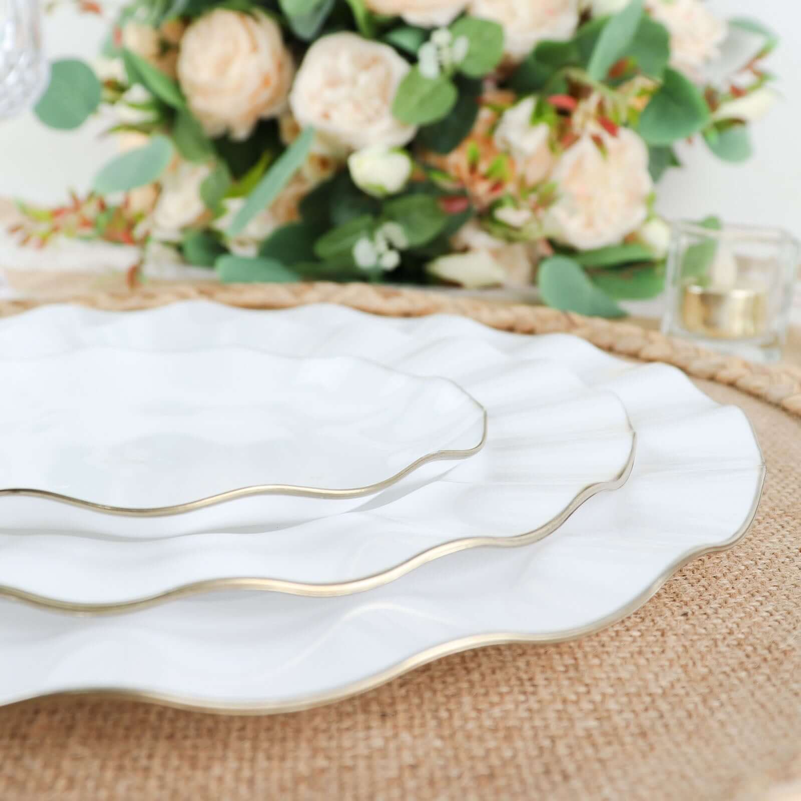 10-Pack Plastic 11" Round Dinner Plates in White Ruffled Rim with Gold Edging - Sturdy Disposable Dinnerware for Classy Events & Banquets