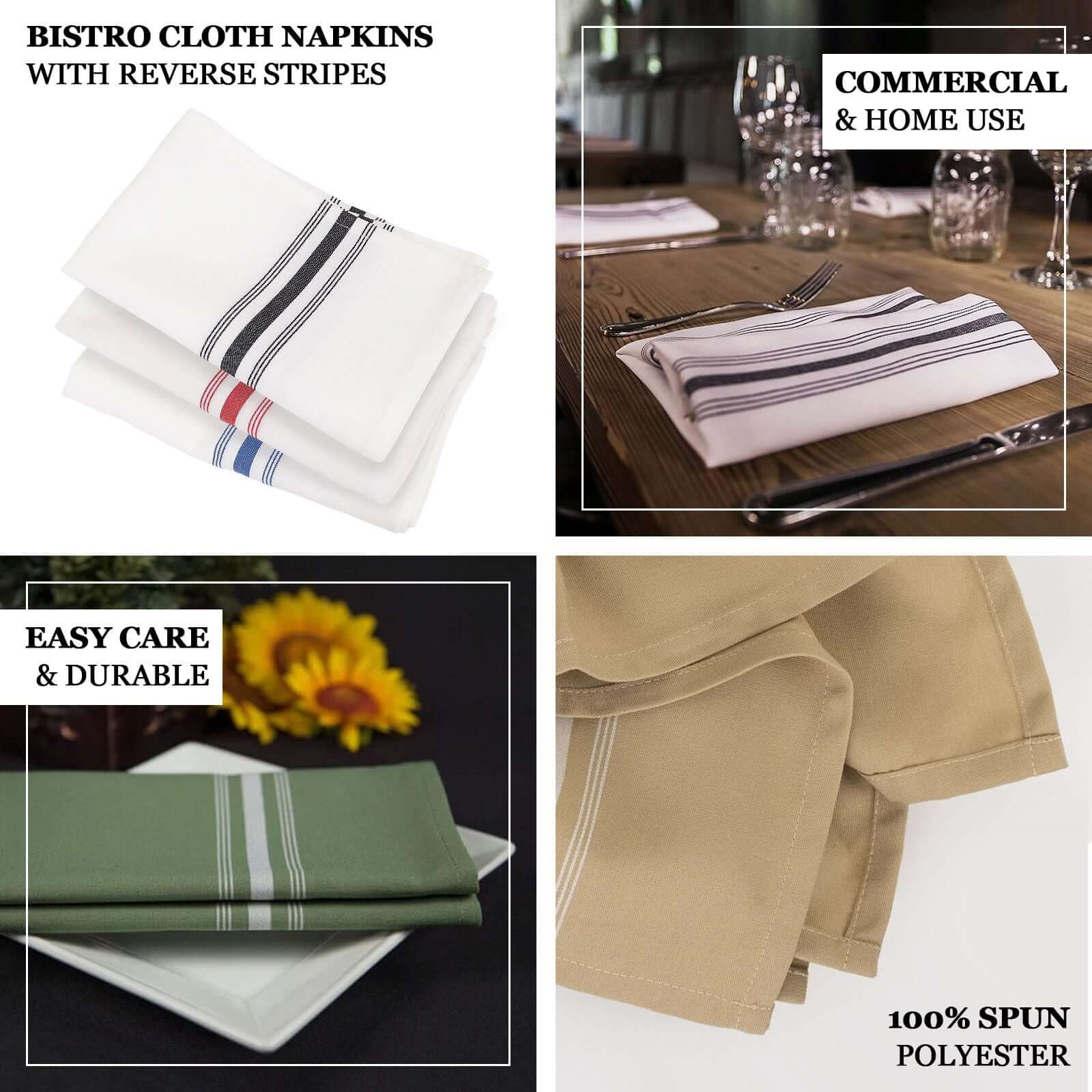 10 Pack Premium Spun Polyester 18"x22" Napkins White/Black Bistro Style - Highly Absorbent Cotton-Like Feel Cloth Napkins for Everyday Dining or Celebrations