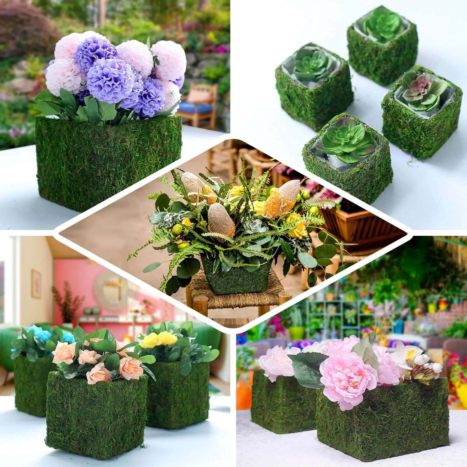 4-Pack Square Planter Boxes Covered with Inner Lining Green Preserved Moss - Flower Basket Centerpieces 6"