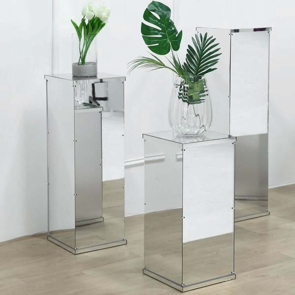 24" Silver Mirror Finish Acrylic Display Box, Pedestal Riser with Interchangeable Lid and Base