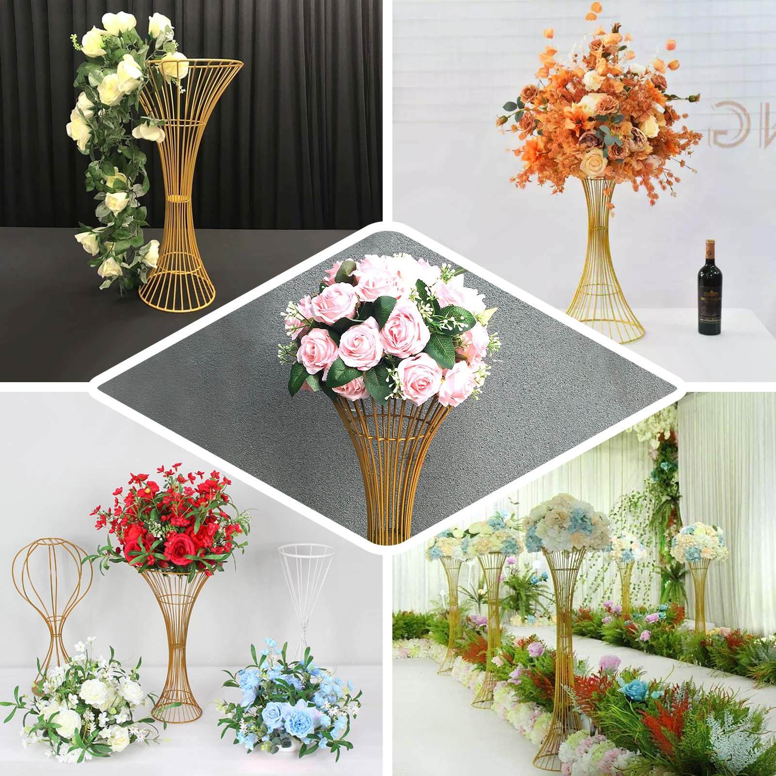 48" Tall Gold Metal Wire Hourglass Flower Frame Stand, Open Frame Reversible Trumpet Centerpiece Stand