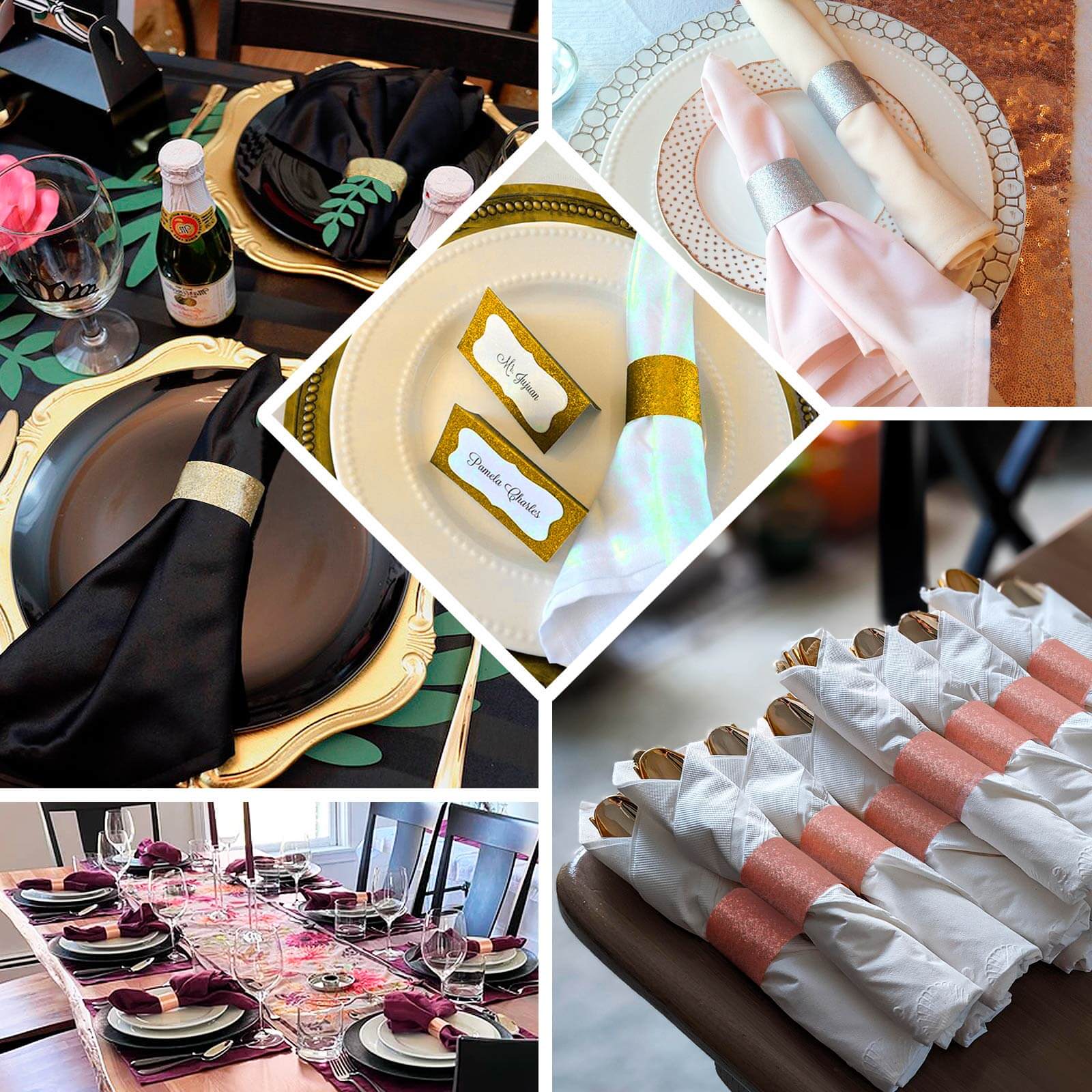 50-Pack Paper Napkin Rings Rose Gold Glitter - Stylish Disposable Napkin Holders 1.5"