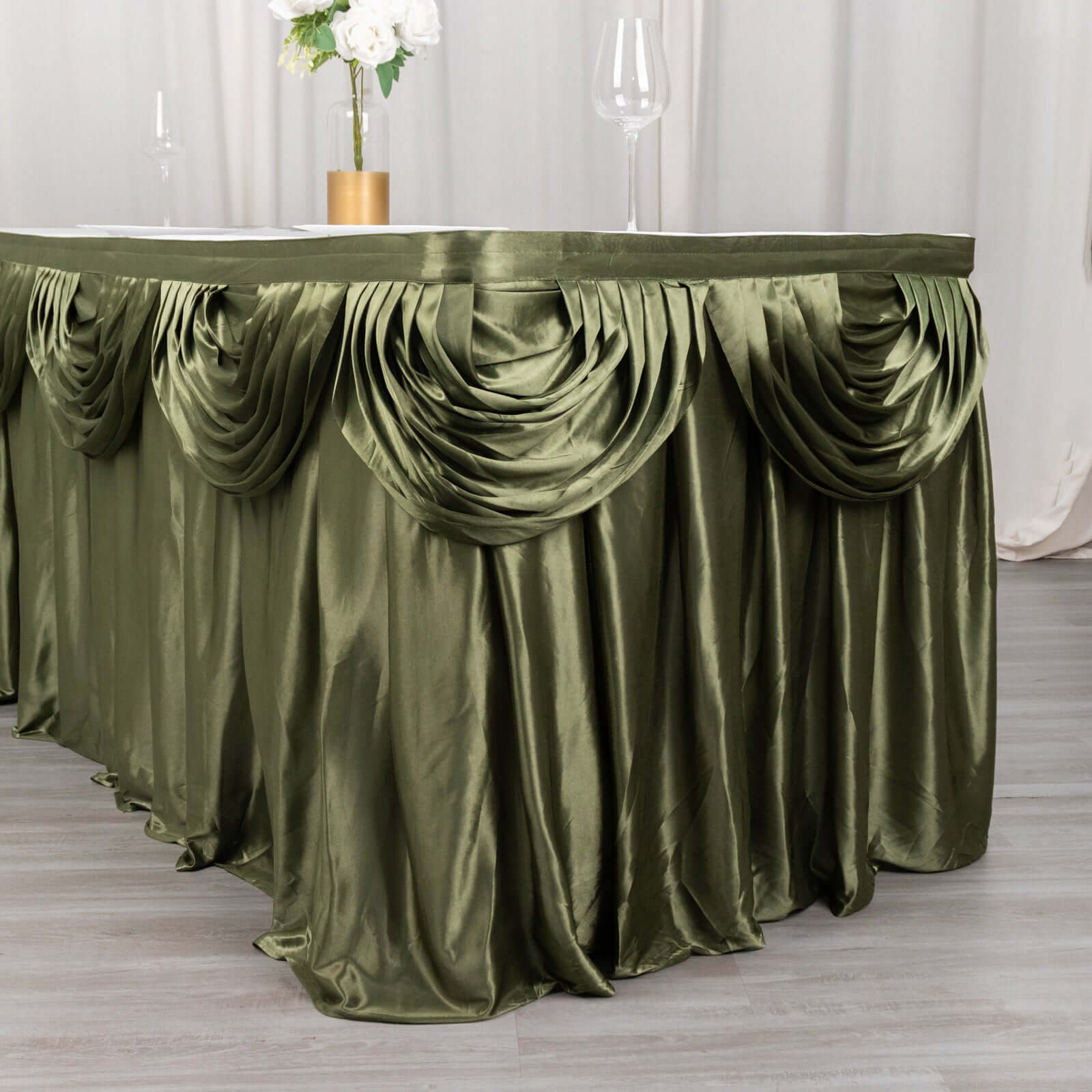Satin 14ft Table Skirt Dusty Sage Green - Pleated Double Drape Table Cover