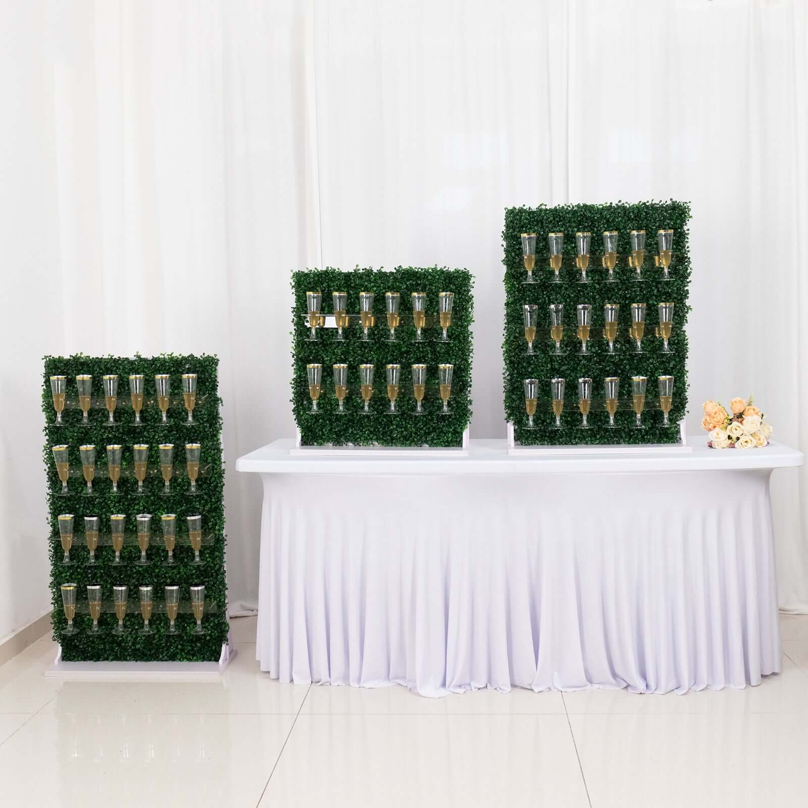 Set of 3 Champagne Wall Glass Holder Green - Tiered Faux Boxwood Stemware Rack Cocktail Display Drink Organizer for Classy Events & Banquets 24", 33", 42"
