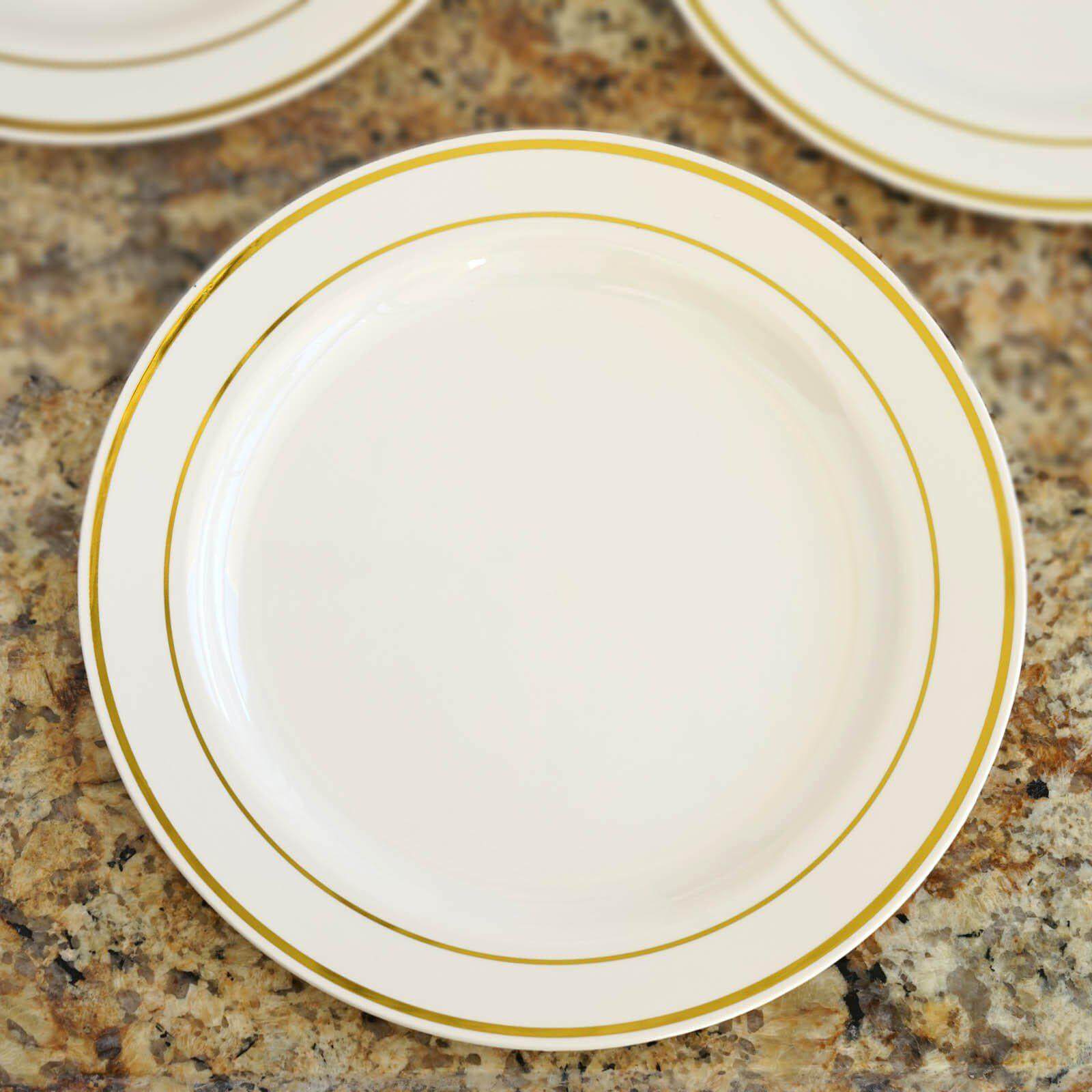 10-Pack Plastic Dinner Plates Ivory with Très Chic Gold Rim - Disposable Party Plates for Gatherings 10"