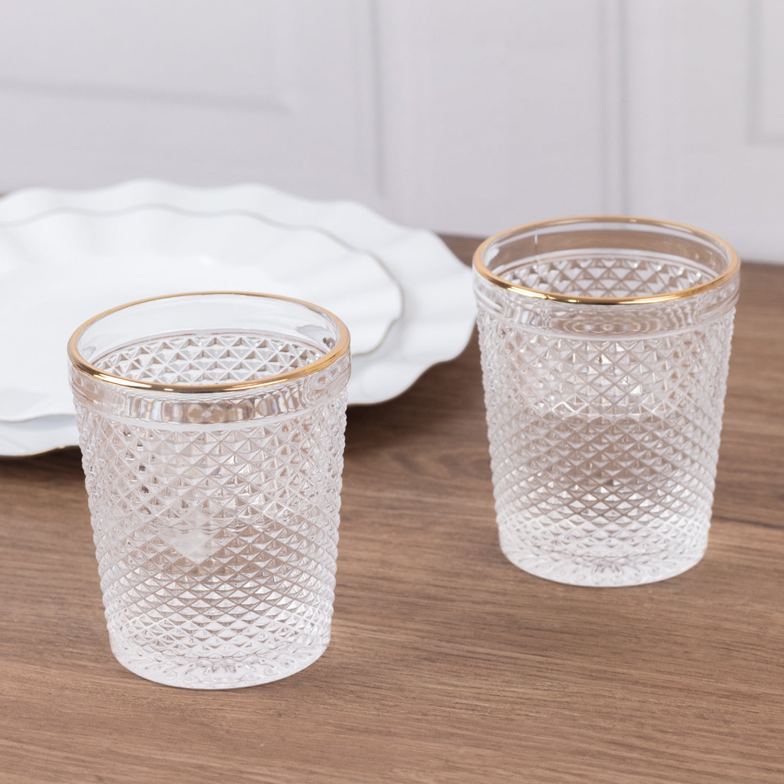 6-Pack Tumbler Glasses Clear Hobnail Design with Gold Rim - Embossed Diamond Pattern Glassware for Drinks & Parties 11oz 4"