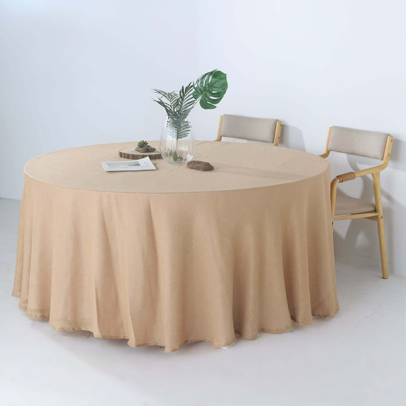 Faux Linen 120" Round Tablecloth Natural - Slubby Texture Wrinkle-Resistant Seamless Table Cover