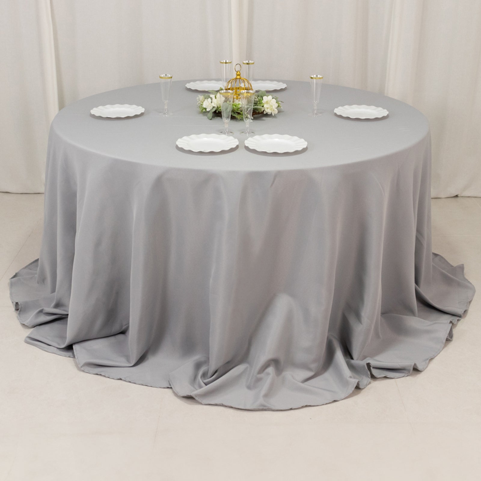 Premium Polyester 132" Round Tablecloth Silver - Seamless 220GSM Wrinkle-Resistant Table Cover
