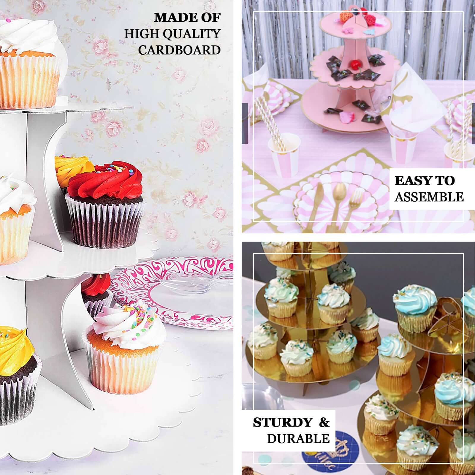 3-Tier Cardboard Cupcake Stand Metallic Gold - Reusable Dessert Table Display Tower for Classy Birthday Wedding Party Decoration 14"