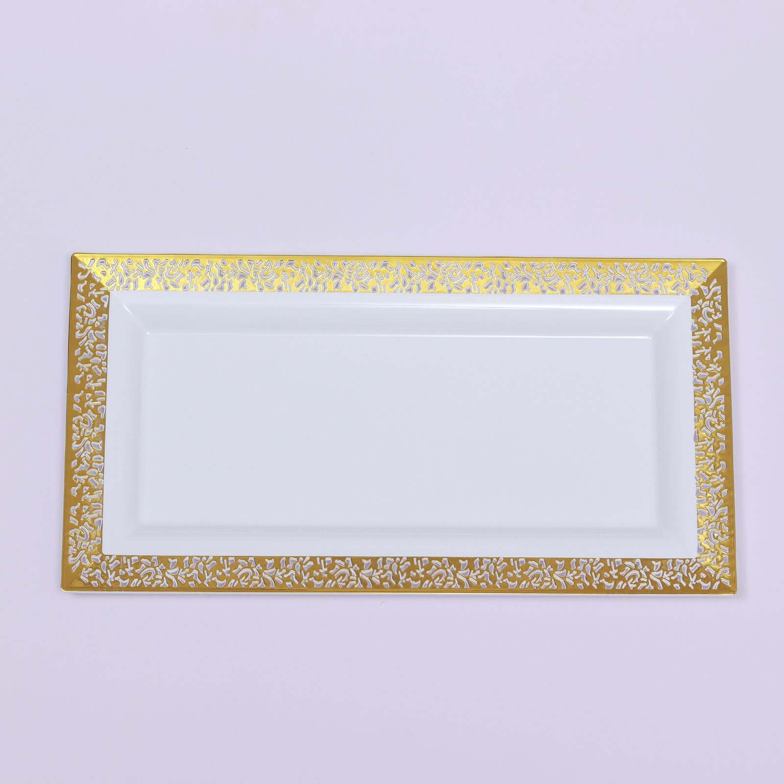 4-Pack Plastic 14" Rectangle Serving Trays White with Gold Lace Rim - Chic Decorative Table Tray Platters for Buffets Banquets Dinner Parties