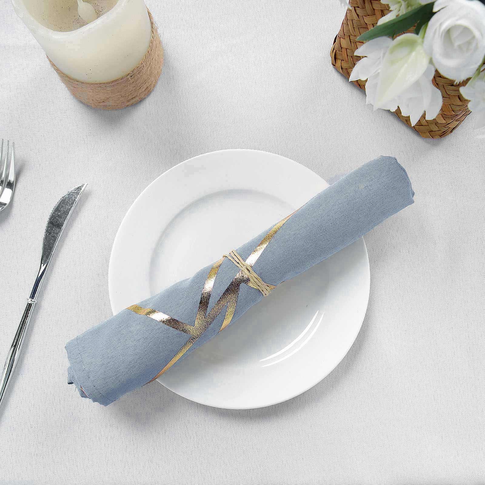 5 Pack Polyester 20"x20" Napkins Dusty Blue with Gold Geometric Foil Pattern - Modern Reusable Dinner Napkins