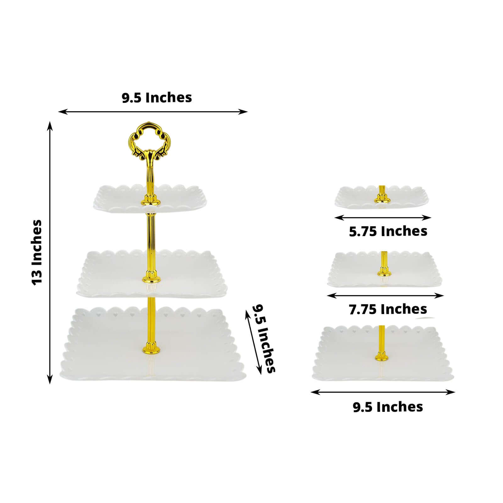 3-Tier Plastic Square Cupcake Stand Tower White - Charming Disposable Dessert Display Serving Tray Platter with Heart Wavy Edge & Gold Top Handle for Tea Parties Weddings & Special Occasions 13"
