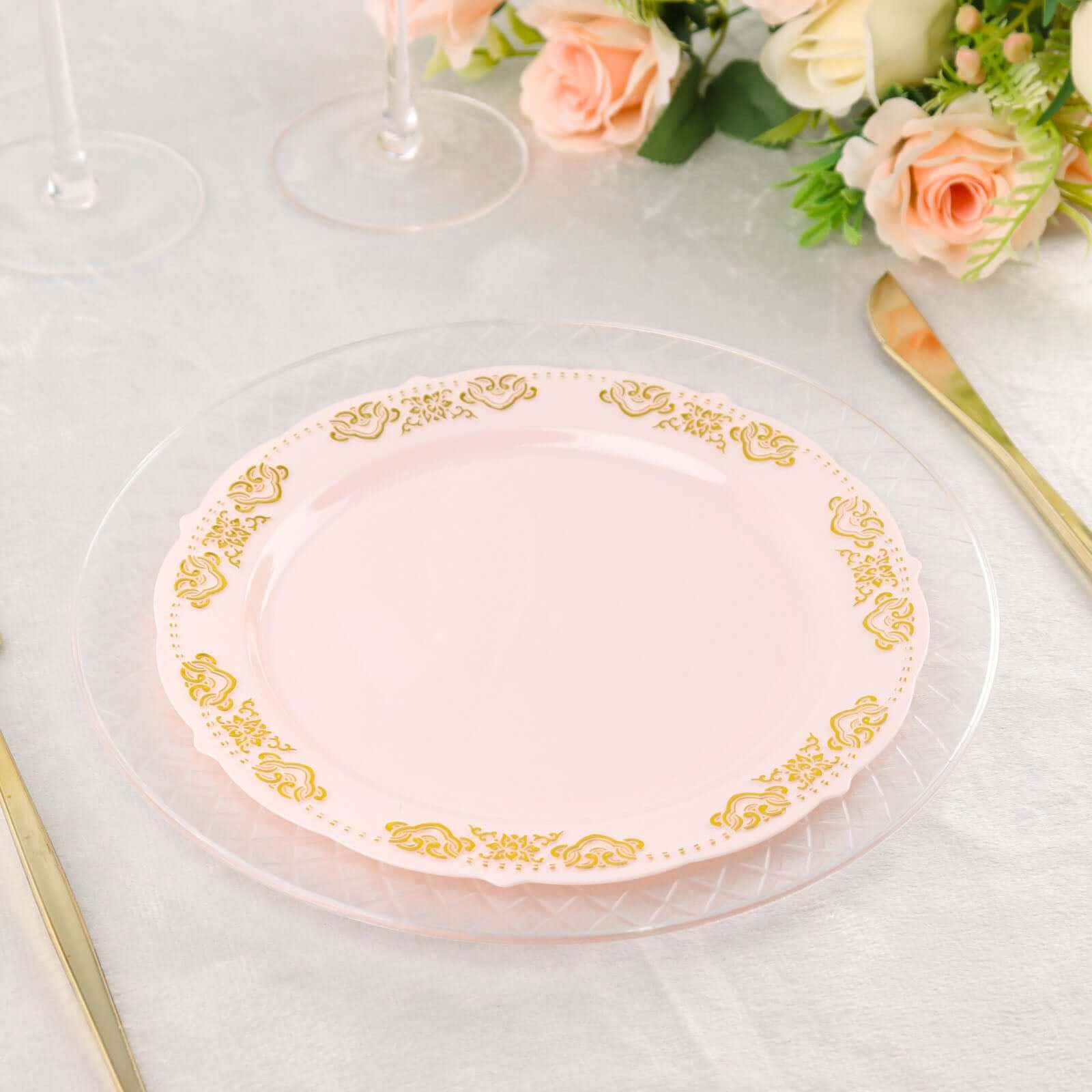 10-Pack Plastic 7.5" Round Appetizer Plates in Blush with Gold Embossed Scalloped Edge - Chic Disposable Salad Plates for Special Occasions & Banquets