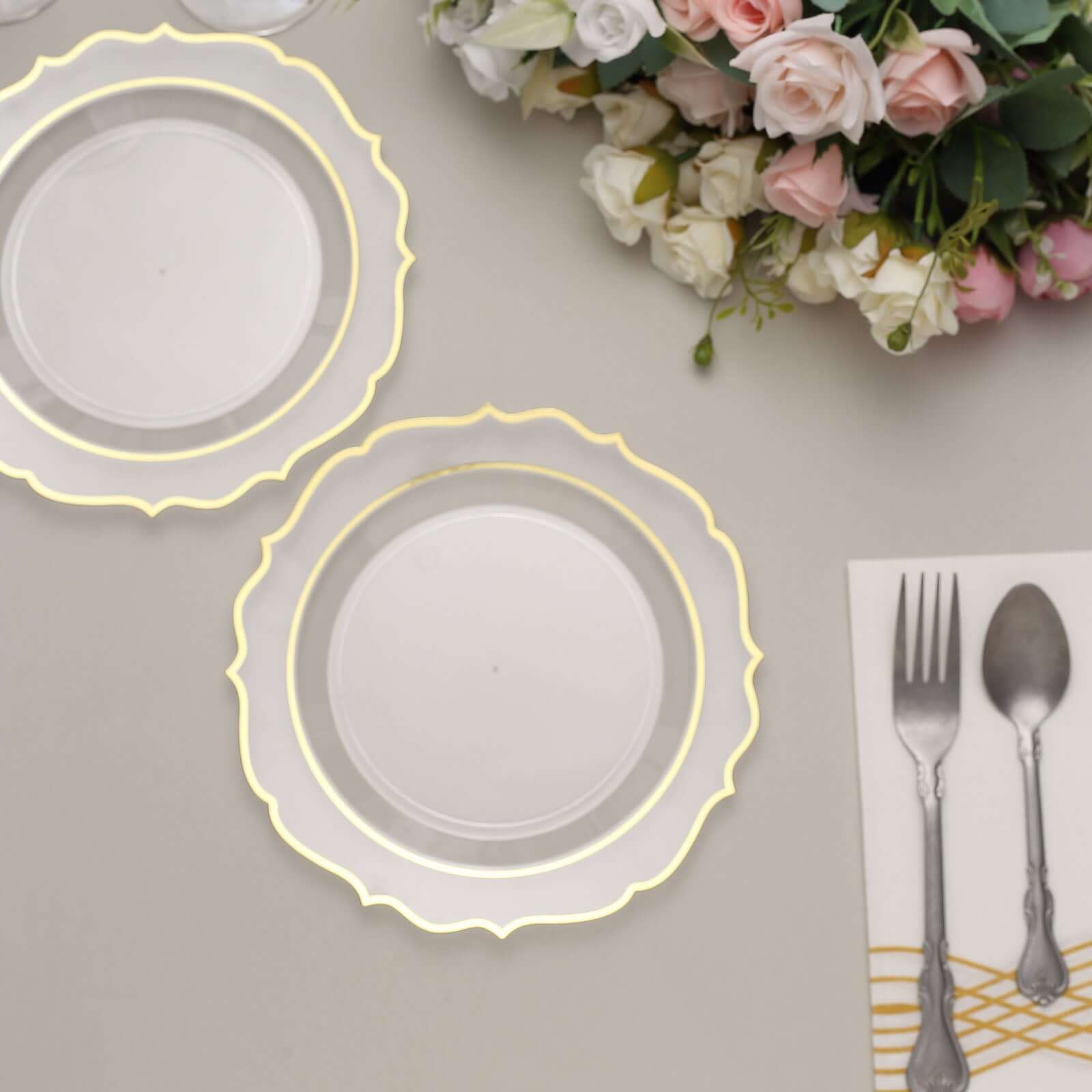 10-Pack Plastic 8" Round Dessert Plates in Clear with Gold Scalloped Rim - Disposable Appetizer/Salad Plates