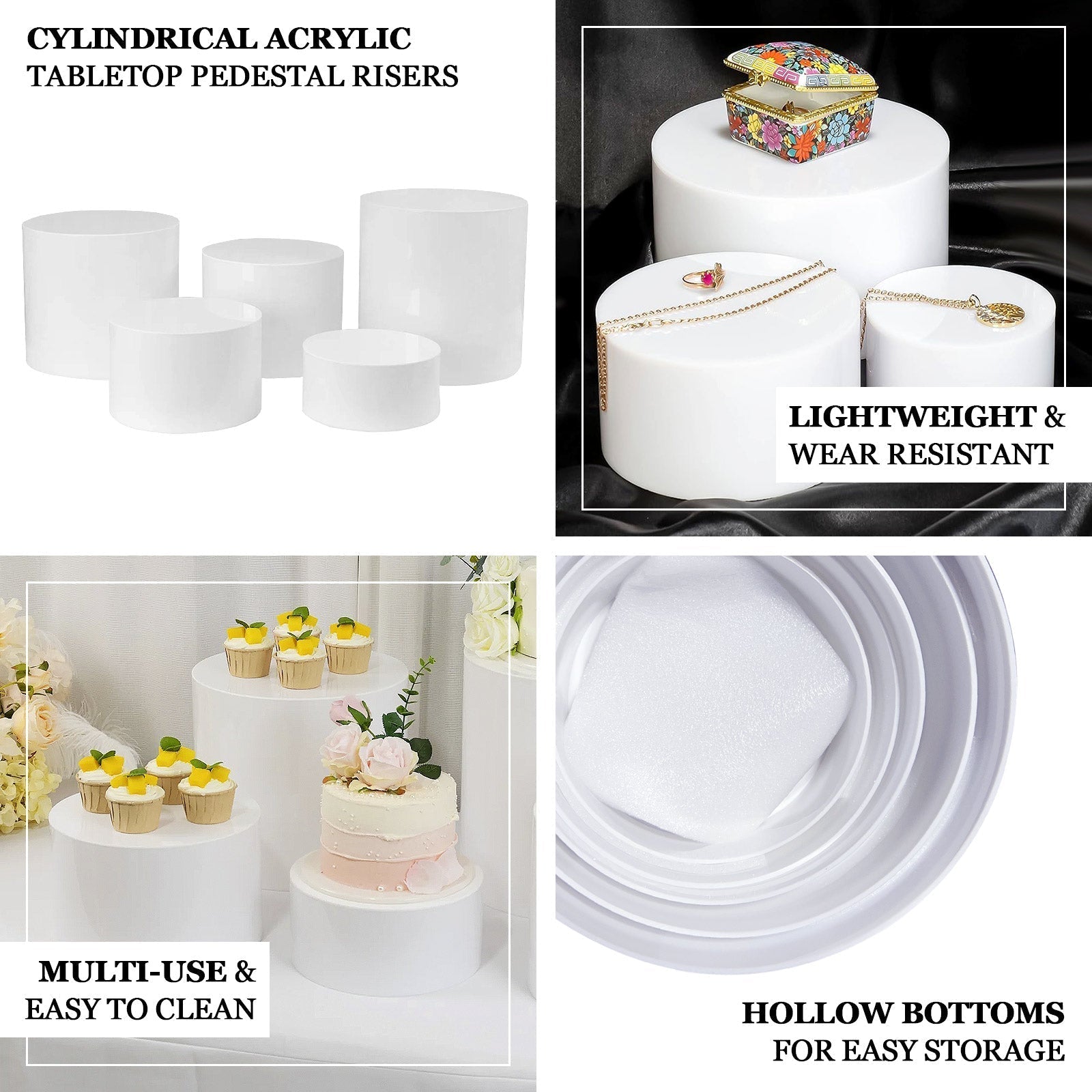 Set of 5 Acrylic Cake Stands Cylinder Design Round Clear - Display Risers for Events 8.5", 9", 10", 11", 12"