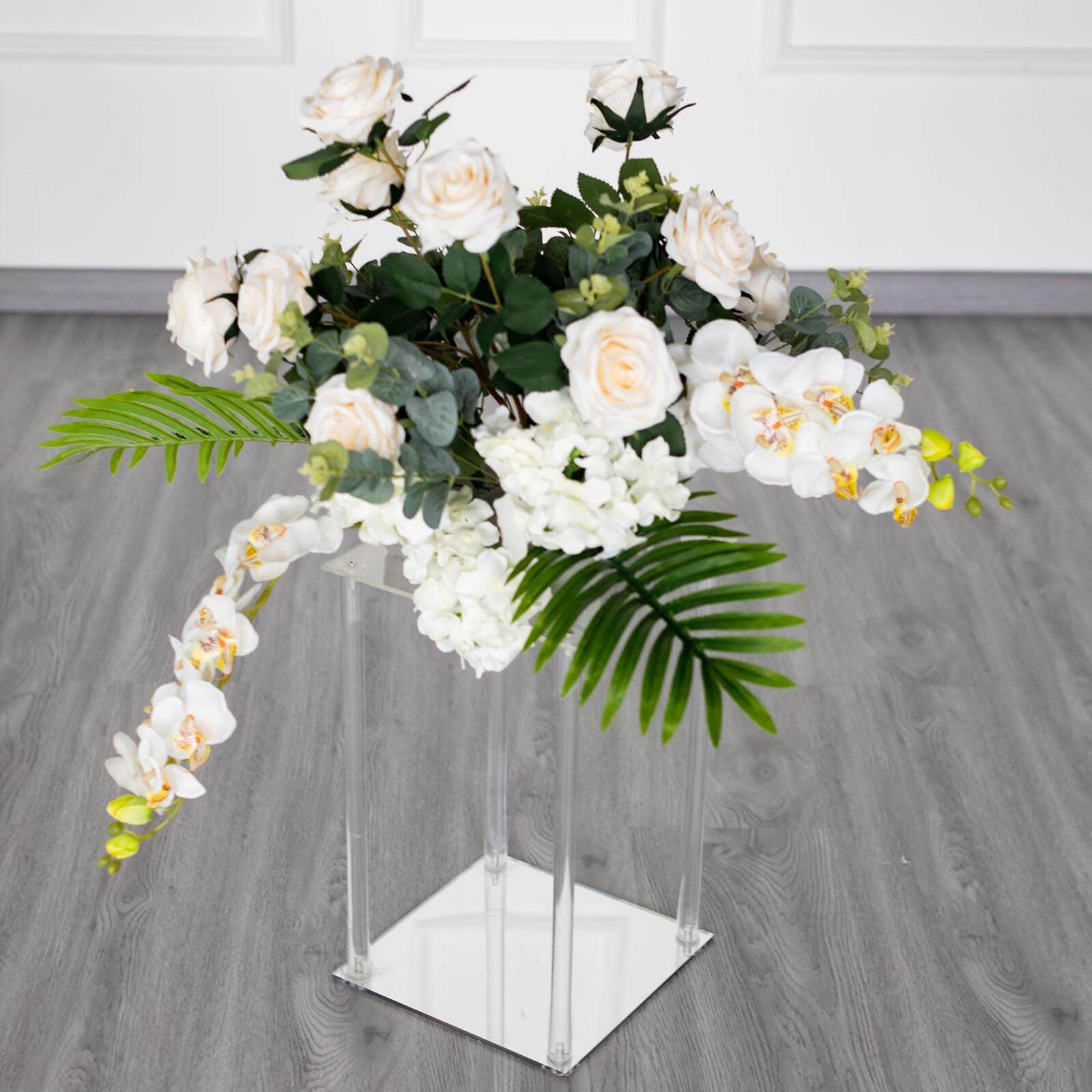 Acrylic Flower Vase Pillar Stand with Square Mirror Base Clear - Stylish Wedding Table Centerpiece 16"