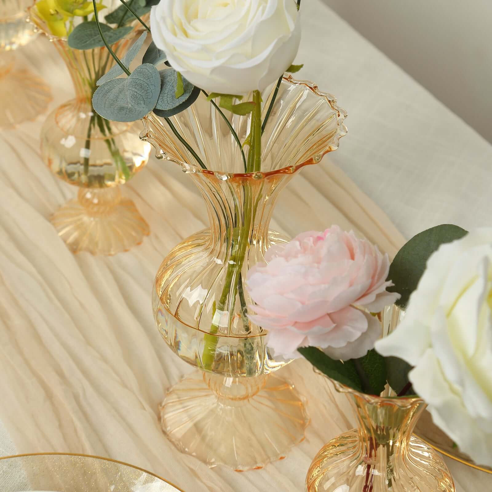 Set of 4 Glass Flower Vases Nordic Style with Petals Texture Amber Gold - Transparent Bud Planters for Wedding Table Decor 7", 9"