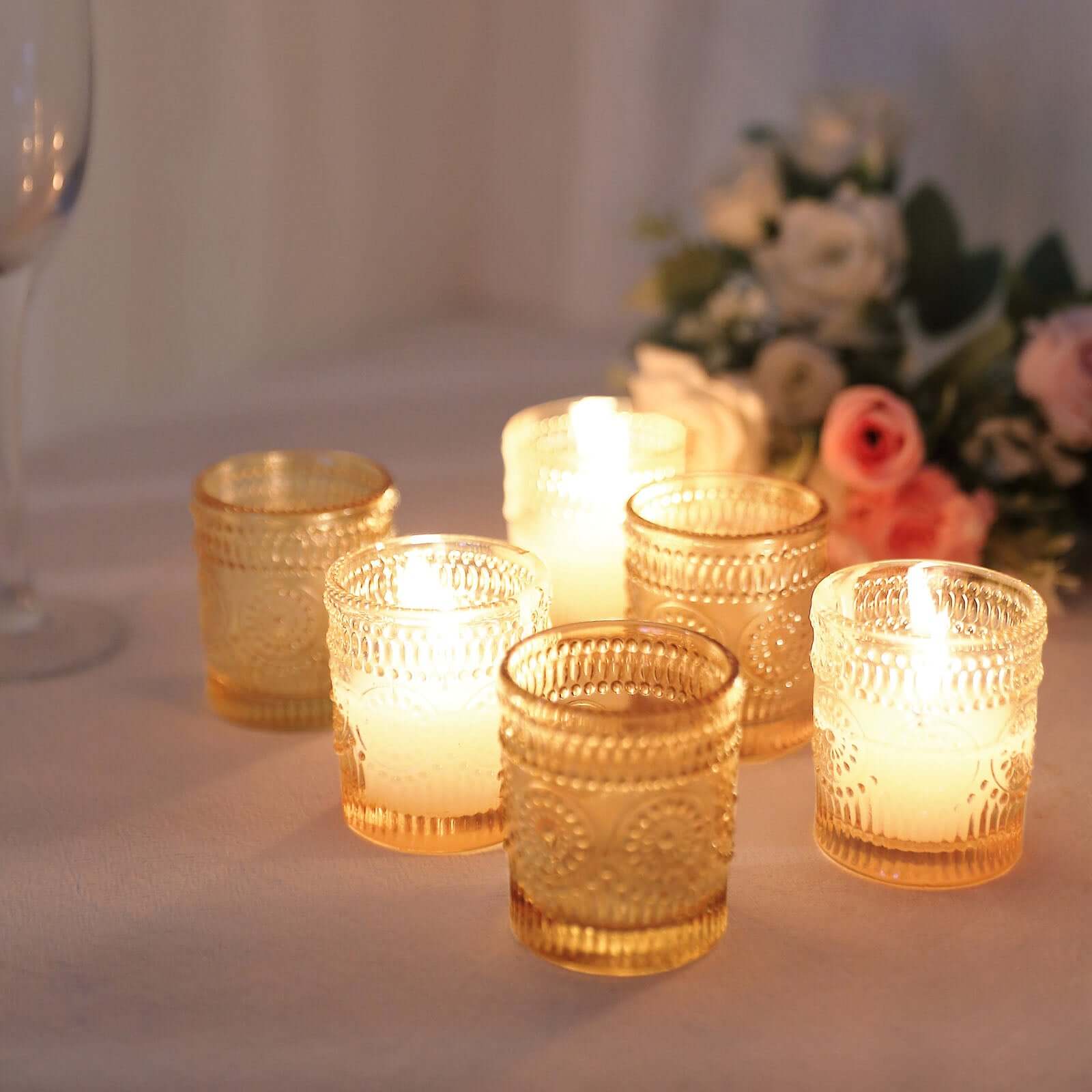 6-Pack Amber Gold Glass Votive Tealight Holders - Stylish Primrose Design for Weddings & Décor