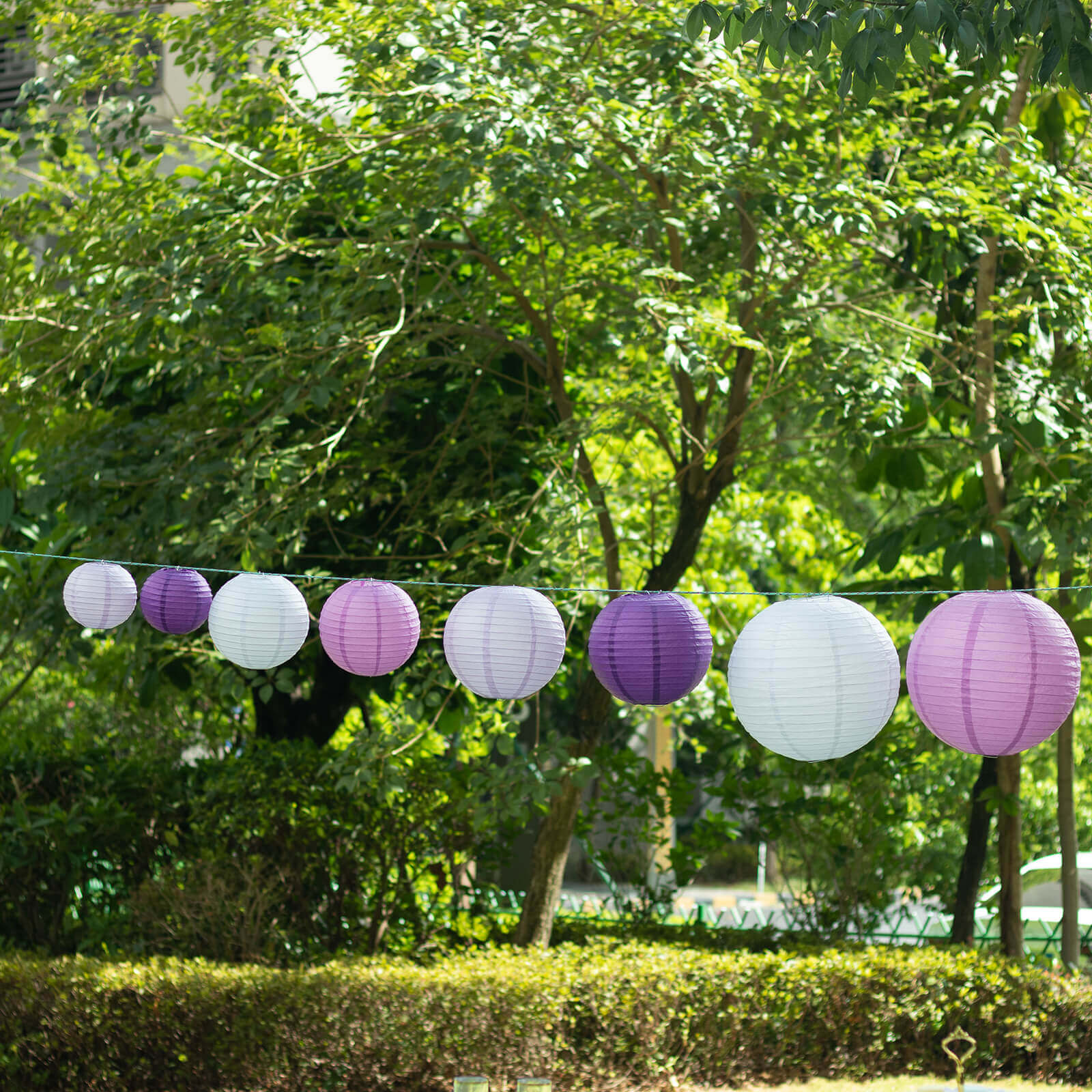 Set of 8 Mixed Purple White Hanging Paper Lanterns, Decorative Round Chinese Sky Lanterns, Assorted Sizes - 6",8",10",14"