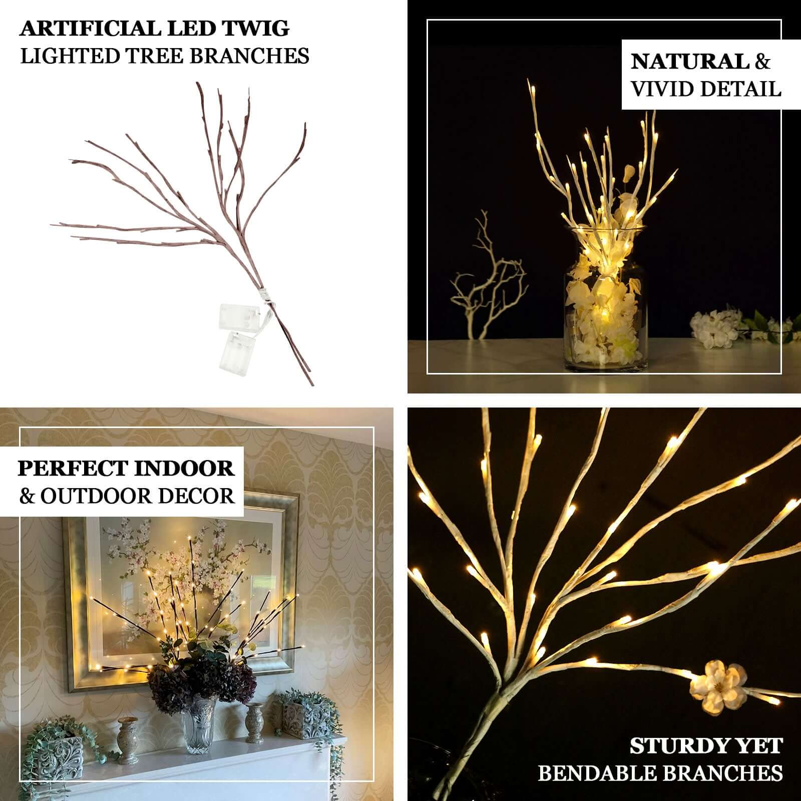 3-Pack LED Lighted Branches Artificial White - Warm White Tree Twig Lights with 60 Bright LED Bulbs 28.5"