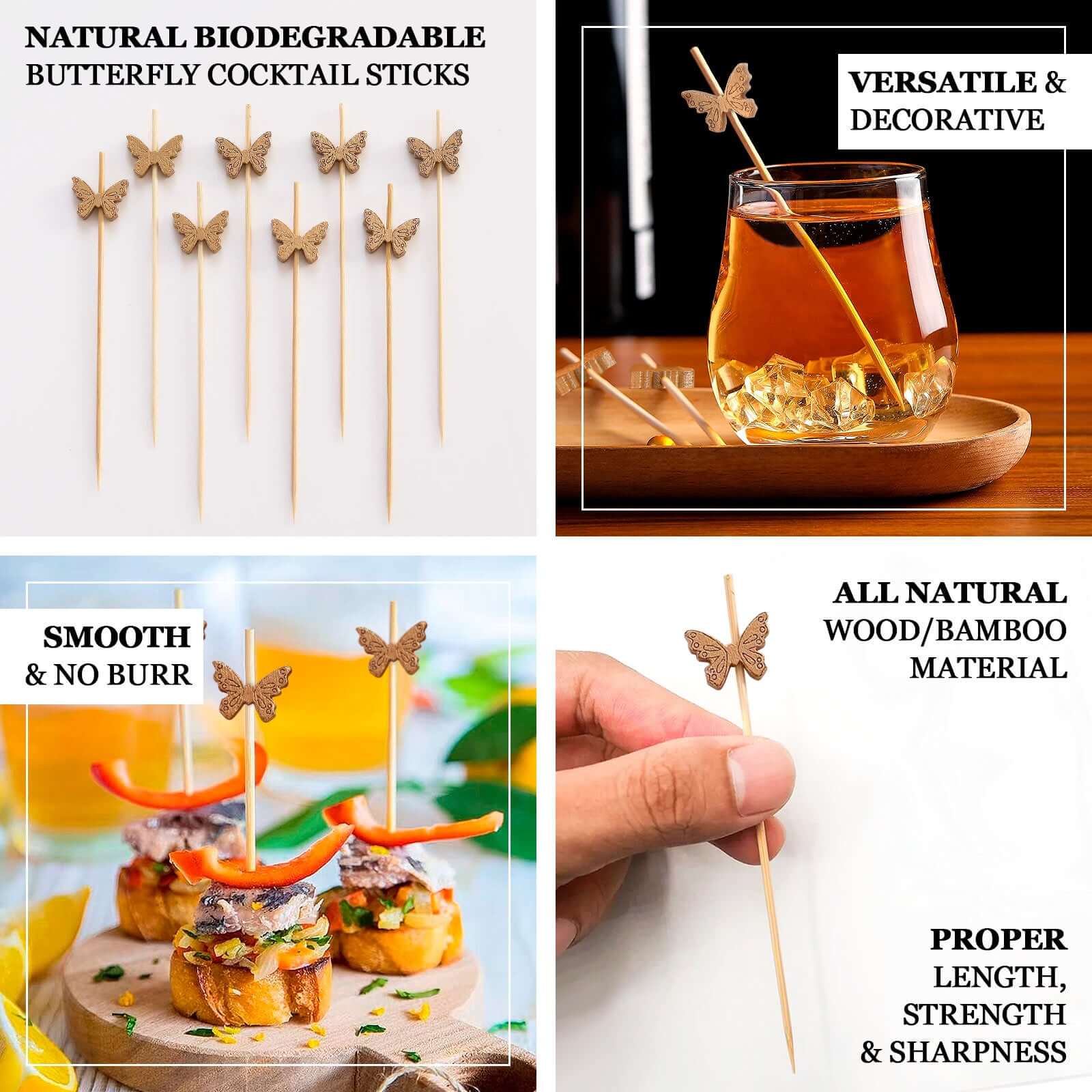 100-Pack Bamboo Cocktail Sticks Butterfly Design Eco Friendly Natural - Biodegradable Party Picks 5"