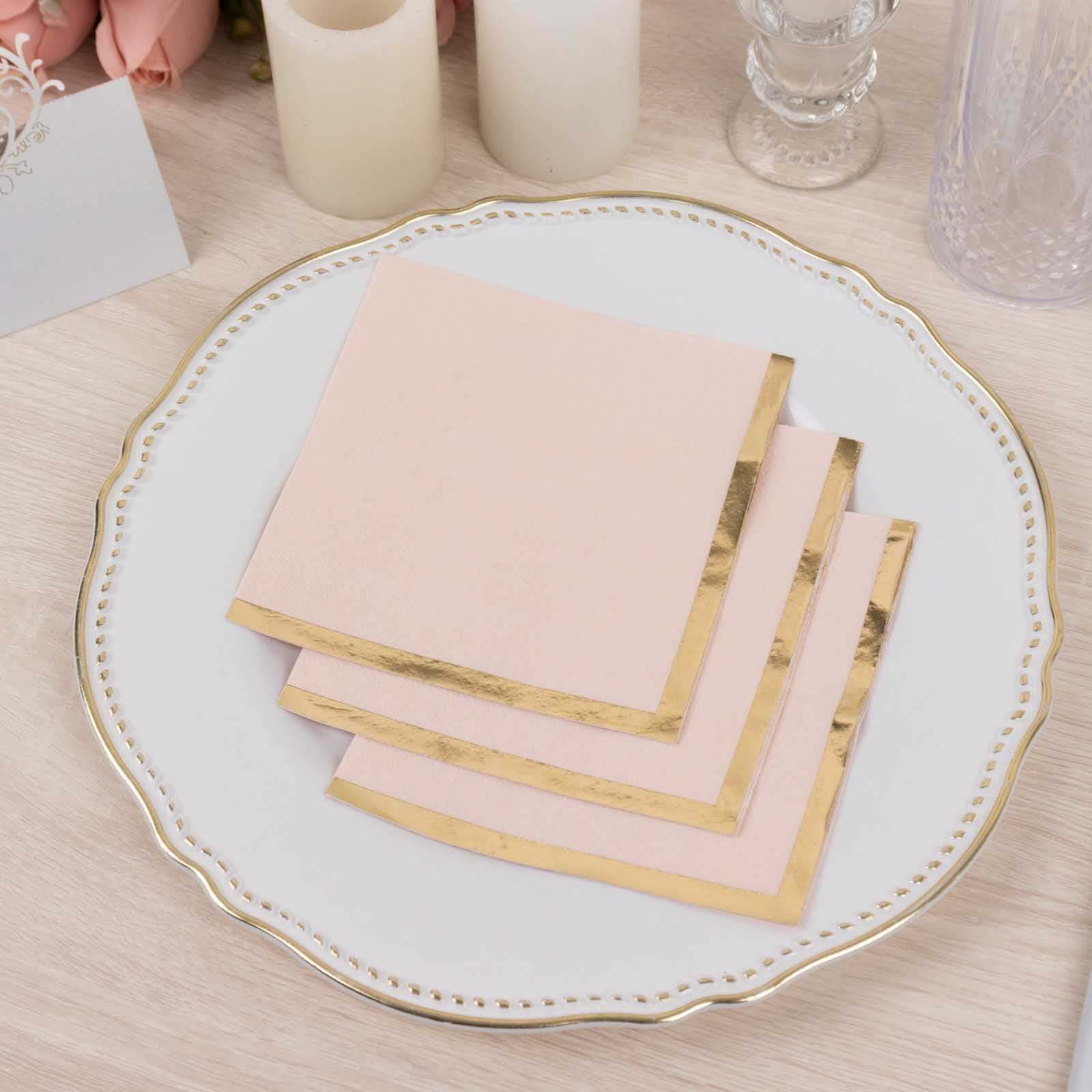 50-Pack Paper Beverage Napkins Blush with Gold Foil Edge - 2 Ply Disposable Soft 18GSM Cocktail Napkins 5"x5"